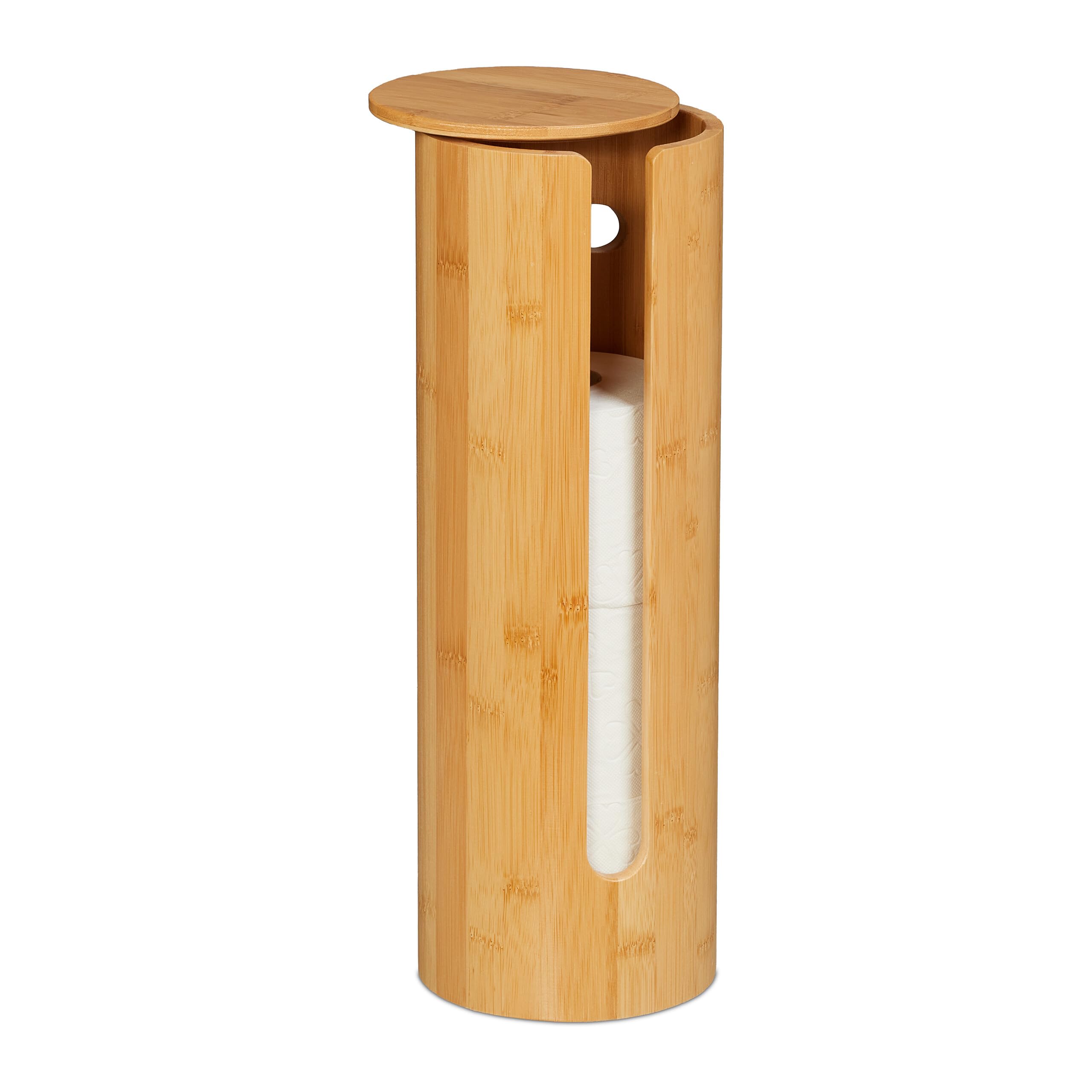 Relaxdays Toilet Paper Holder, for 4 Rolls, Freestanding Design, Bamboo, HxW: 42x14.5 cm, Bathroom Storage, Natural