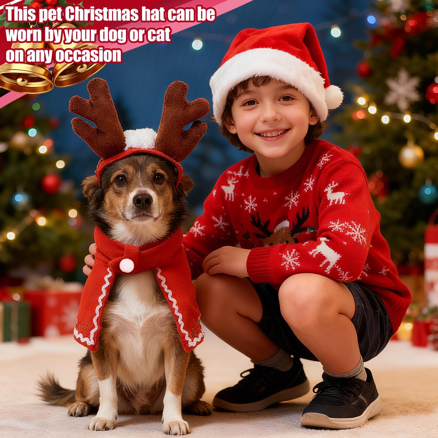 Christmas Costume for Pets, 4 Pieces Christmas Accessories Pet Clothes, Christmas Costumes for Cats Dogs with Hat, Reindeer Antlers Headband, Scarf, Mantle, for Dogs Cats 6