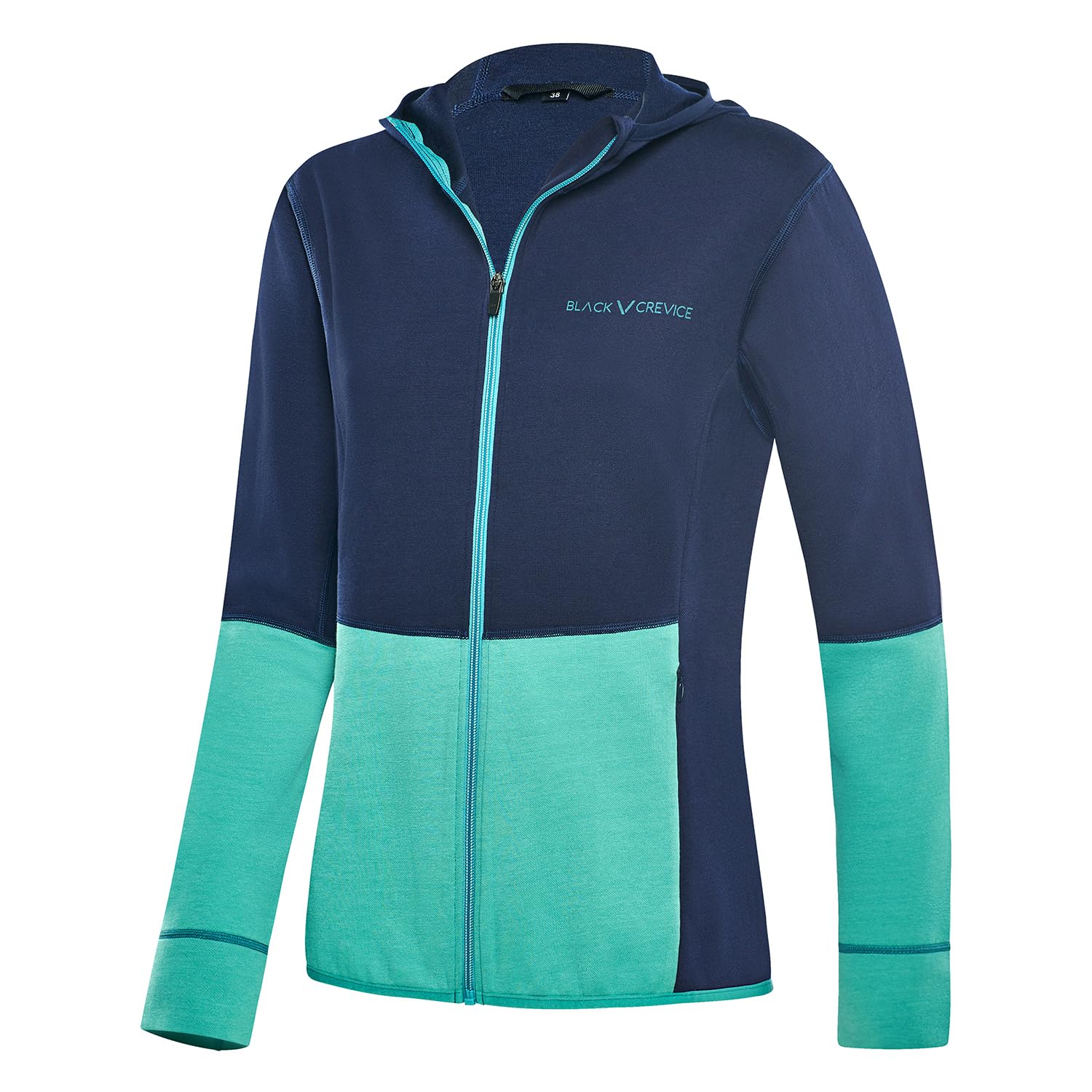 Black Crevice Damen Kapuzenjacke I Sweatjacke Merino Baumwolle Hoodie I 100% Merino Wolle Innen & 100% Baumwolle Außen I Atmungsaktiv, Geruchshemmend, Pflegeleicht