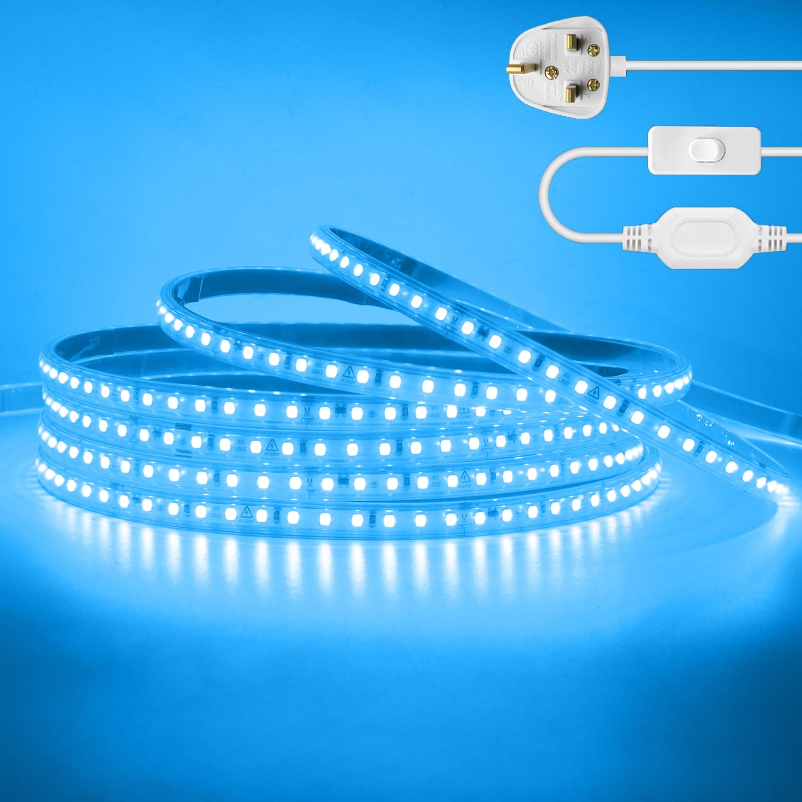 KAFULA 120LEDs/m LED Light Strip with Switch Design 2M Ice Bule, 220V-240V Waterproof Flexible Cuttable LED Rope Light CRI85+, SMD2835 Home/Shop Decoration LED Fairy Light Strip — image 1