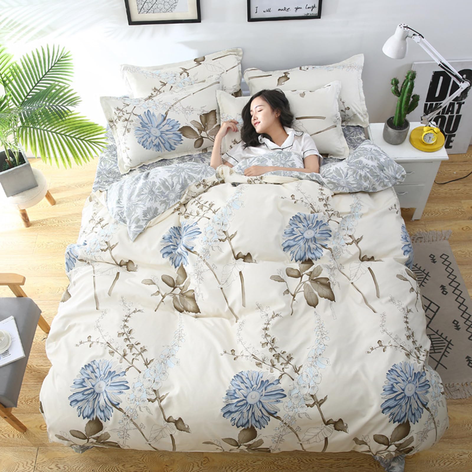 E-yimeng Double Bedding Set Floral Duvet Cover Sets Beige Bed Cover with 2 Pillowcases Zipper Luxury Reversible Blue Hotel Quality Easy Care Super Soft Bedding Collections 200x200 cm - Image 4