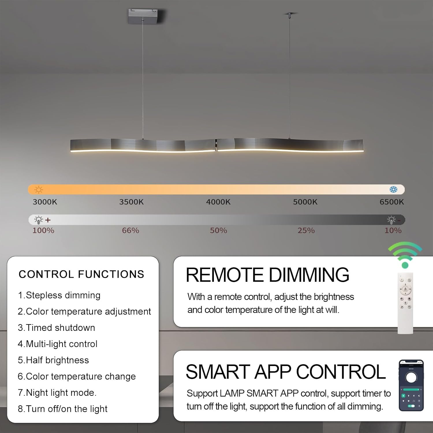 57'' Chrome Wavemetal Modern Long Linear LED Pendant Light - 40W Dimmable & Height-Adjustable for Kitchen Island, Bar & Restaurant
