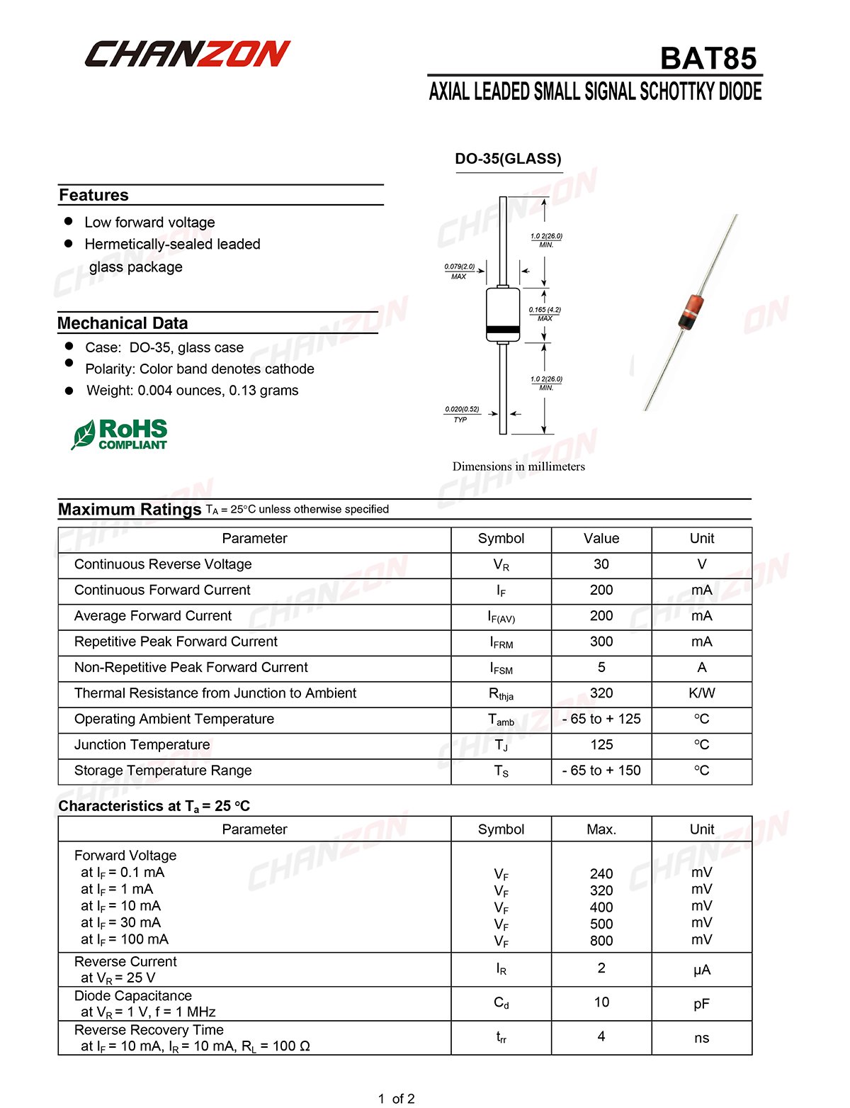 Chanzon Confezione Da 100 Diodi Schottky BAT85 30V 200mA DO-35 – Diodi Raddrizzatori A Barriera Per Circuiti Elettronici