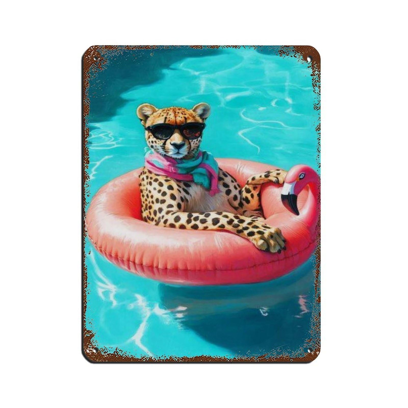 Cool Cheetah Floating on Flamingo Pool Float Tin Sign Vintage Metal Pub Club Cafe Bar Home Wall Art Decoration Poster Retro 12x16inch(30x40cm)