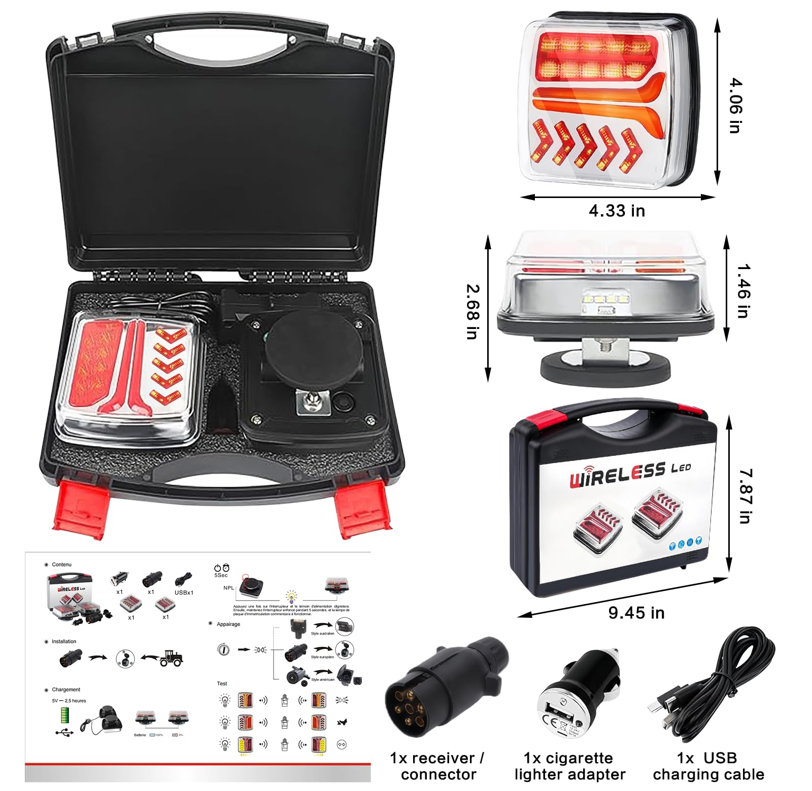 KinZon Feux Arrière de Remorque Sans Fil Magnétiques, Kit de Feux LED Rechargeables Étanches IP65, Feux Stop & Clignotants pour Camion, Camping-Car, Bateau et Caravane
