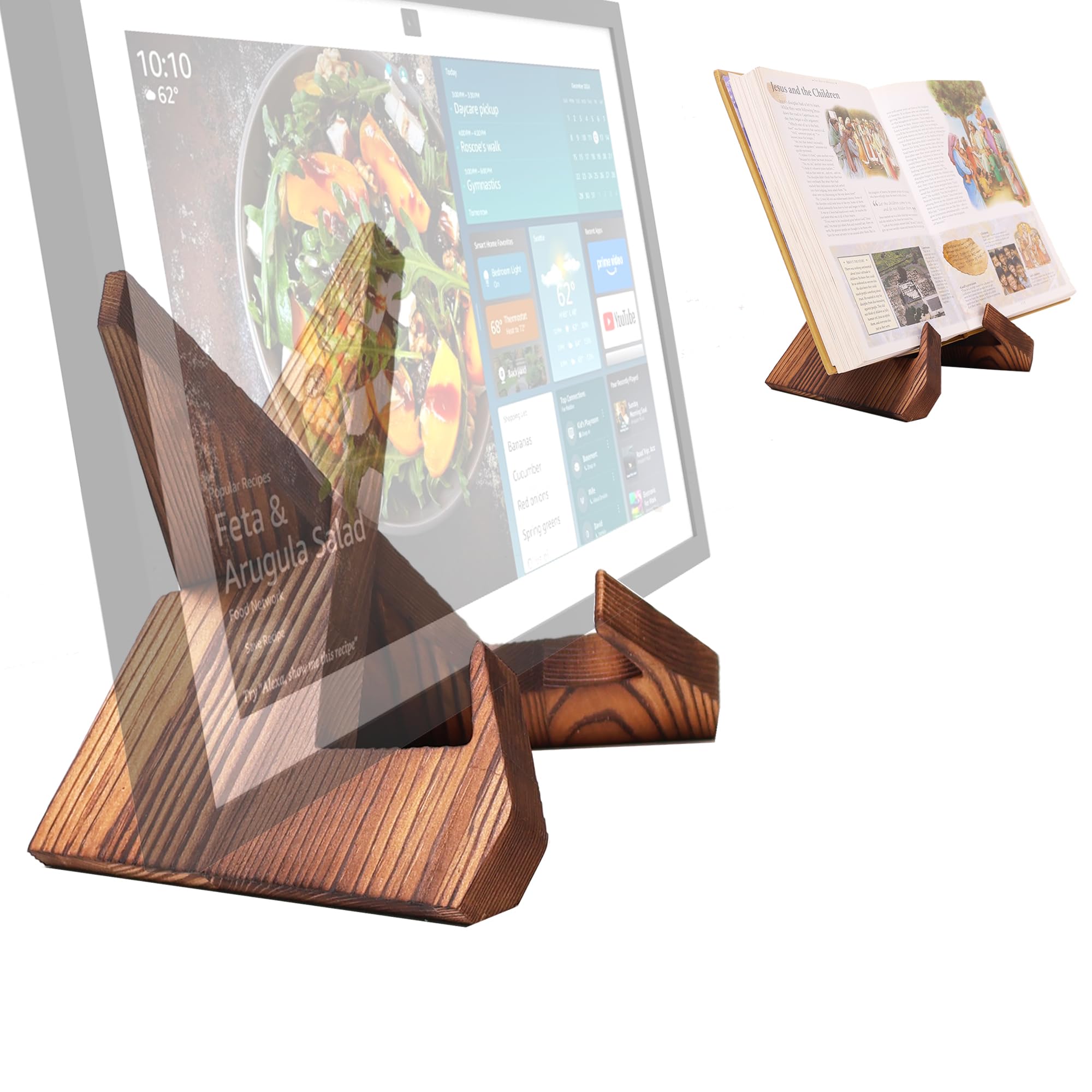 HOOKMEMO Solid Wood Tablet Computer Stands Compatible for Echo Show 15 Echo Show 21 Support Both Horizontal and