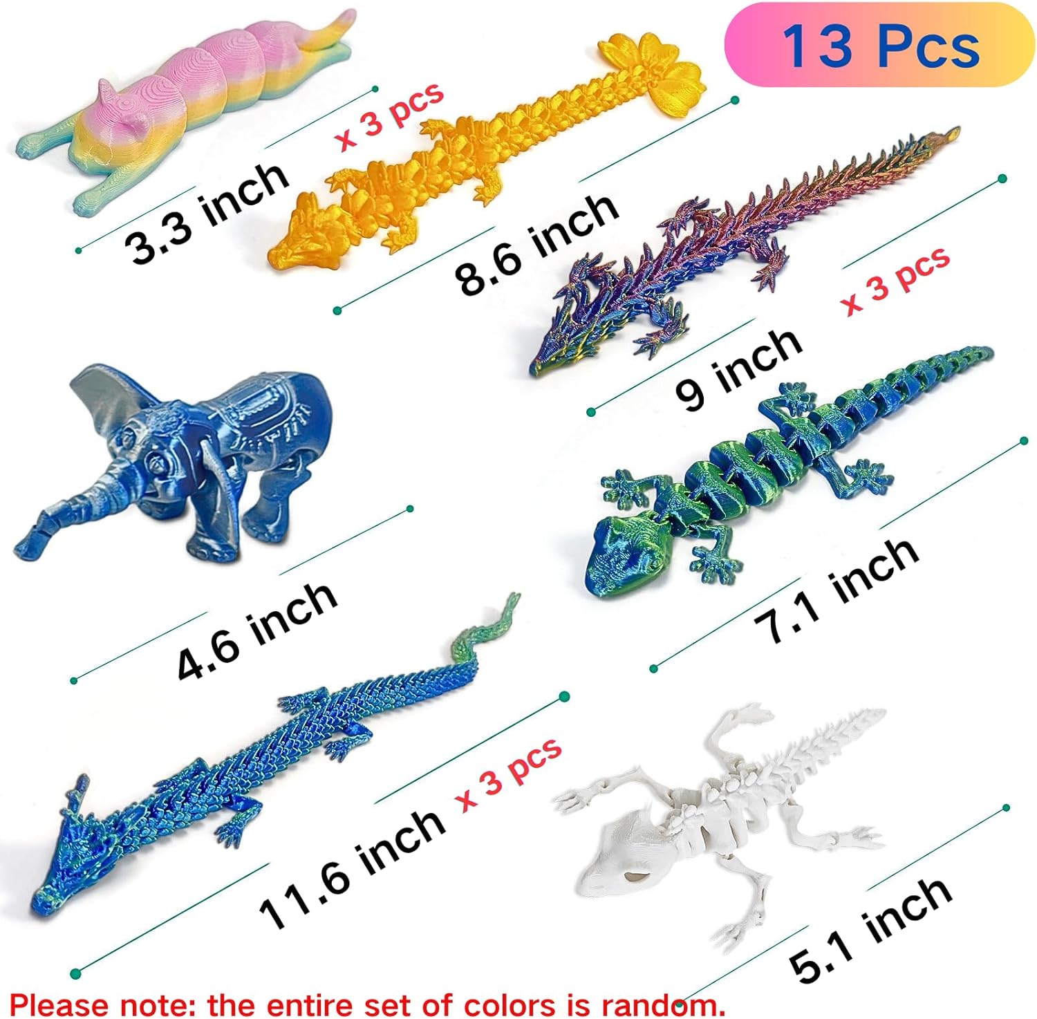 13 Pcs 3D Printed Dragon and Animal Figurines Set, Large Colorful 3D Printed Flexible Articulated Dragon Fidget Toys, Flexible Articulated Home Office Desk Decor for Classroom Rewards, Party Favors - Image 2