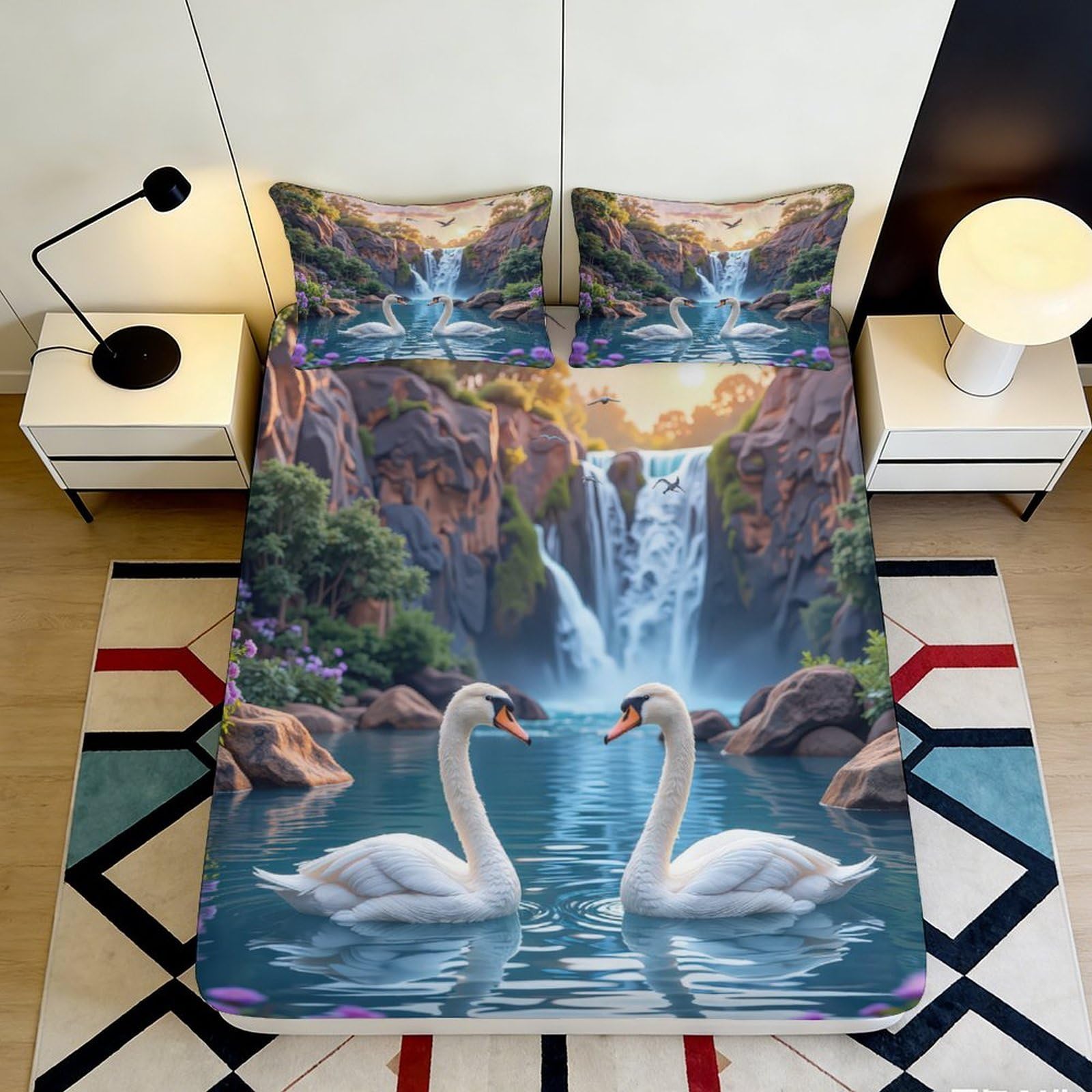 3D Printed Swan Lake Fitted Sheet Microfiber Soft Breathable Waterfall Bed Cover for Bedroom Dormitory Guest Room Mattress Protection Decor 200x200x25cm