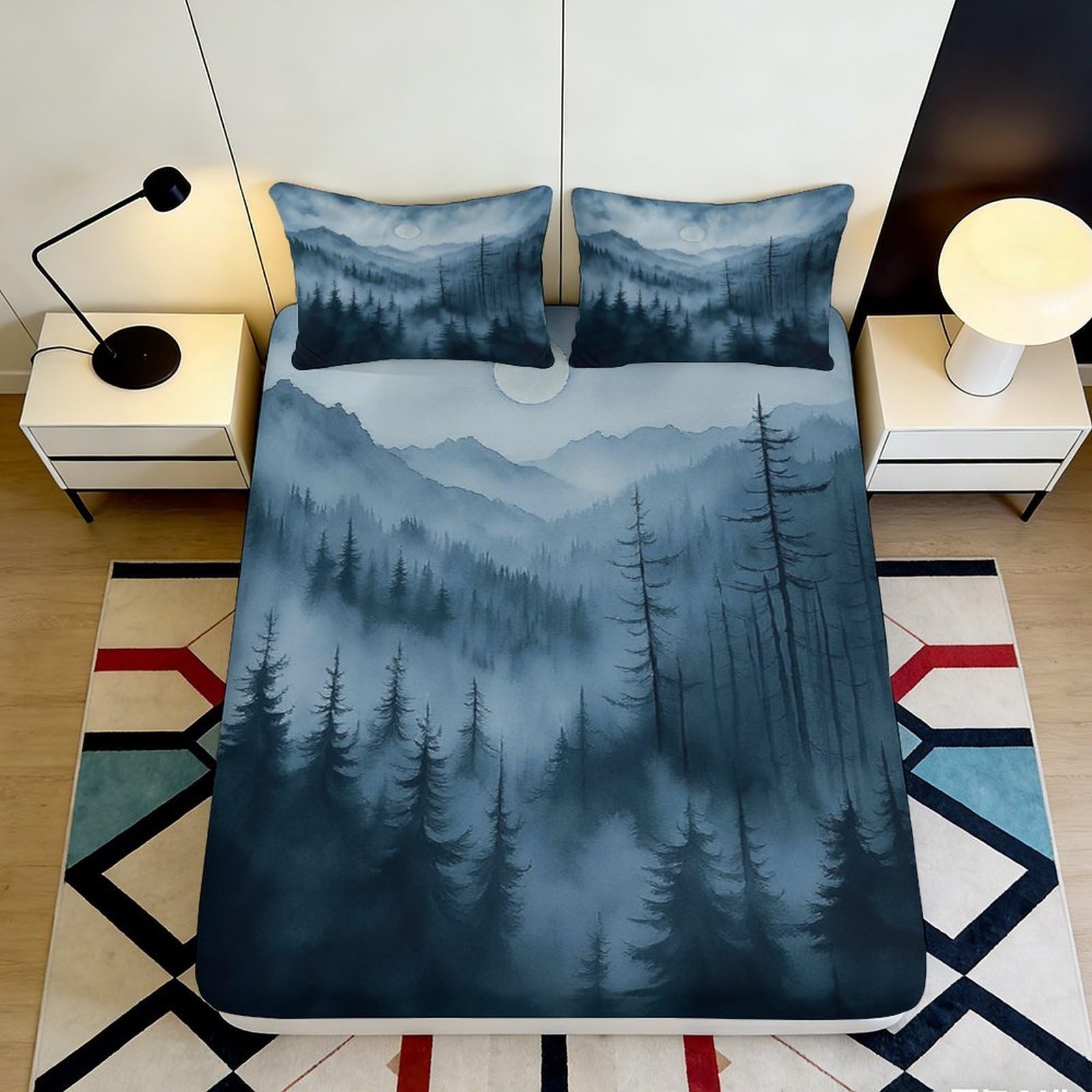 Pnayamiorkfel Style-2 3D Printed Misty Forest Fitted Sheet Microfiber Soft Blue Mountain Mattress Cover For Bedroom Home Decor 90X200x25cm