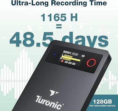 Turonic L813 AI Voice Recorder with AI Technology 128GB, USB-C, Dual Mics, Noise Canceling, Transcription, File Security, Compact Design for Work, Study, and Interviews