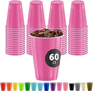 DecorRack 60 Party Cups 12 oz Disposable Plastic Cups for Birthday Party Bachelorette Camping Indoor Outdoor Events Beverage Drinking Cups (Pink, 60)