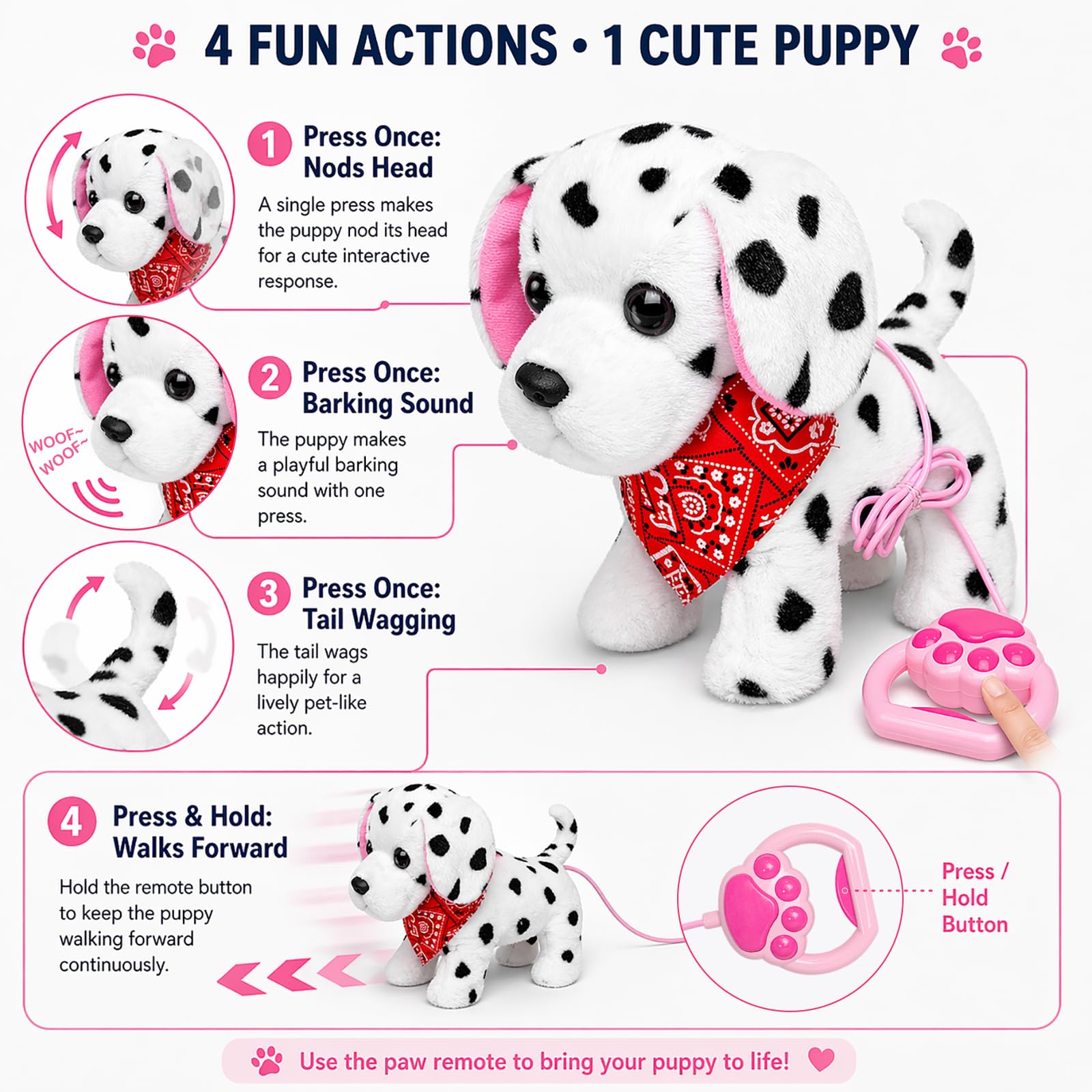 YH YUHUNG Perro Dálmata de Juguete Que Camina y Ladra, Peluche Interactivo con Correa y Pañuelo Rojo, Mascota Electrónica para Niños 3 Años+ (Dálmata)