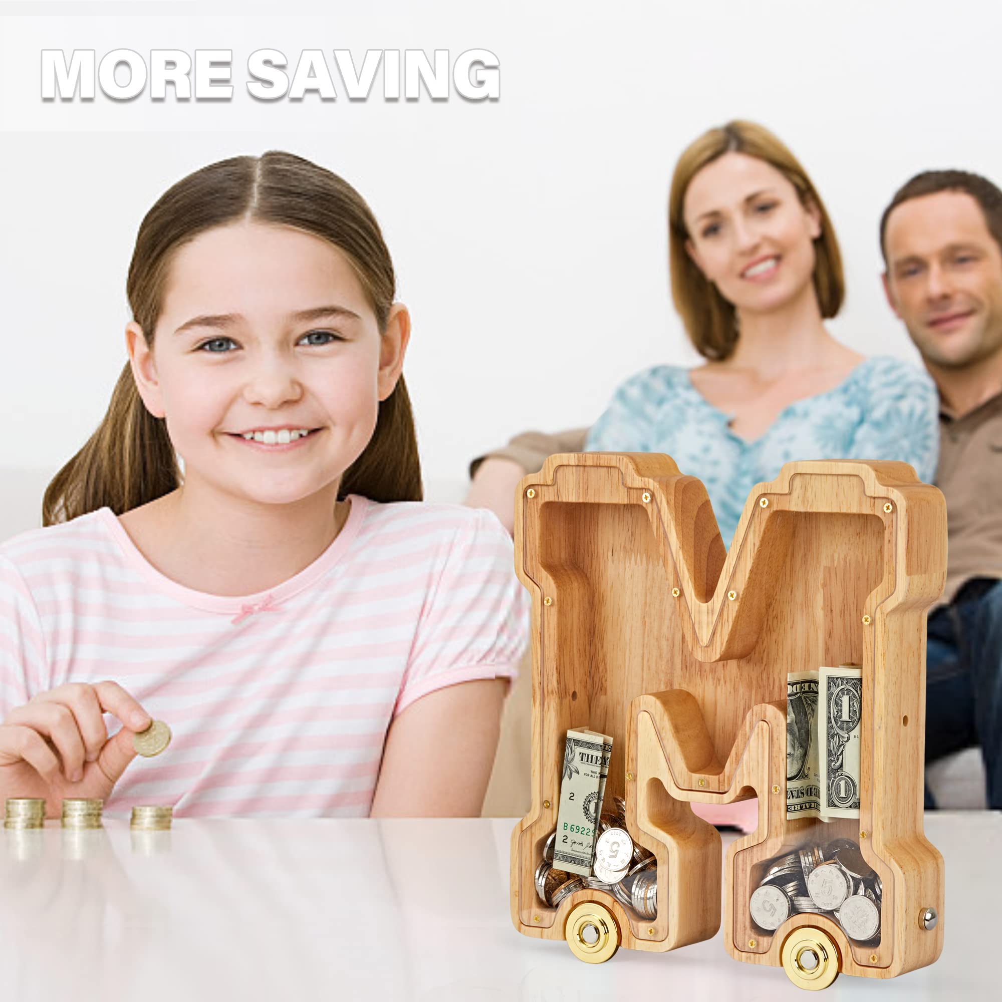 NBTORCH Wooden Letter Piggy Bank, Inter-connectable Piggy Bank for Kids Boys Girls, Alphabet Money Bank Toy with Wheels, for Kids