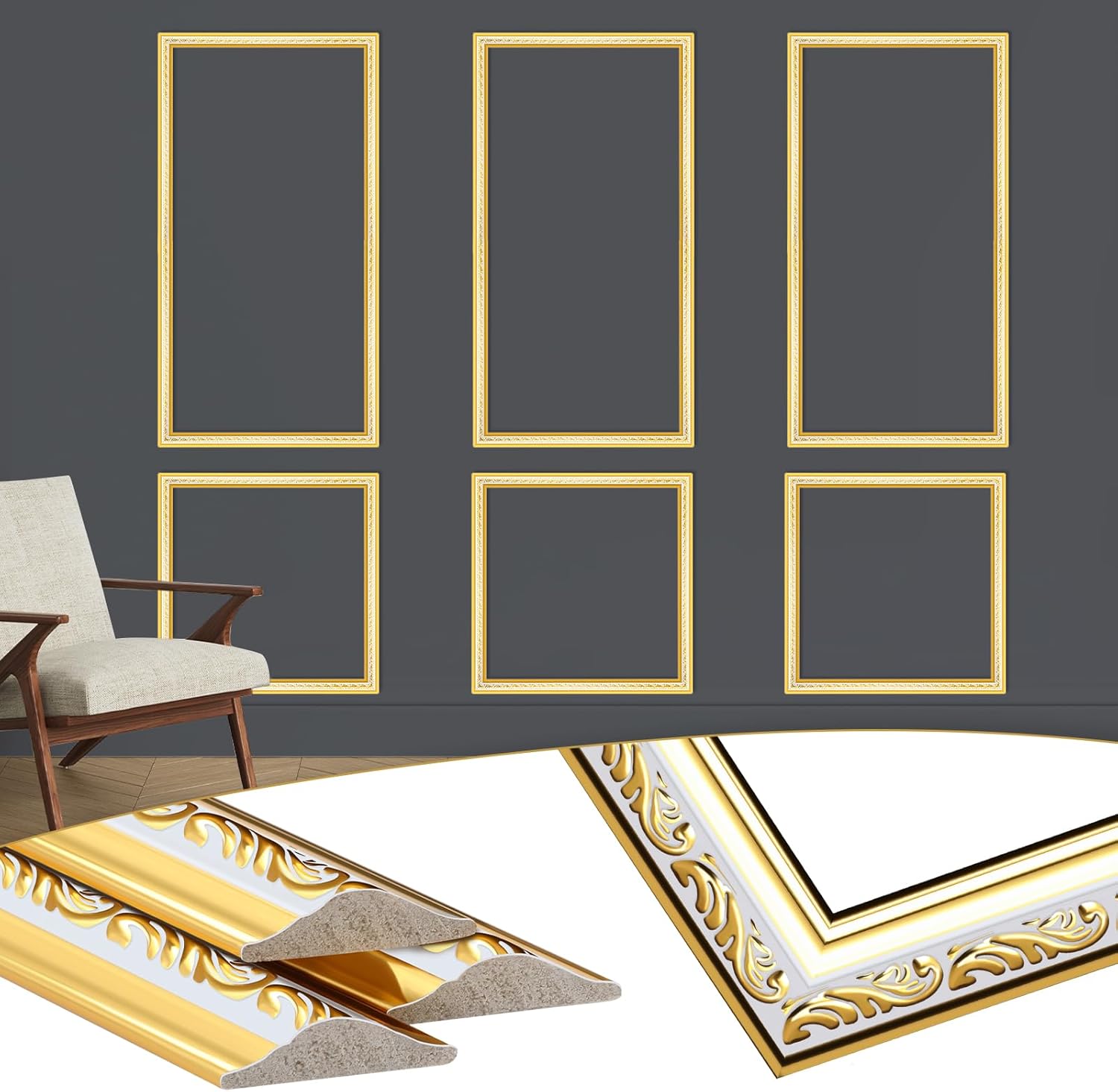 Maasechs 3-Set Gold White Peel & Stick 3D Wall Molding Kit - Premade Wainscoting Panels, 54x24 Inch Easy DIY Decor