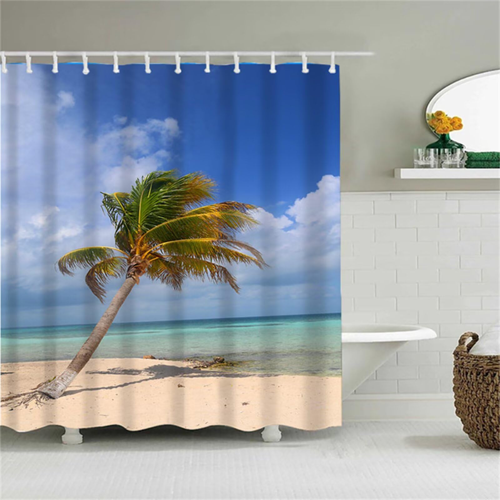 Plage de sable Rideau Douche W220cm x L200cm Rideaux de Douche Anti Moisissure Tissu Imperméable avec Crochets,Rideaux Lourd Polyester Lavable,3D Shower Curtain Baignoire Salle de Bains Decor M-329