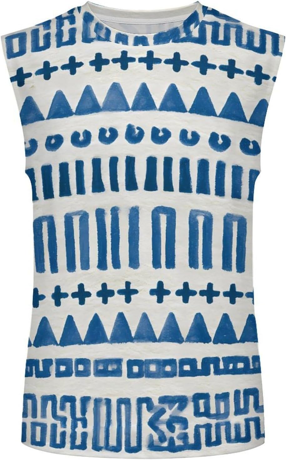 Indigo Tribal Geometric Pattern Men Summer Sleeveless Crew Neck Top 5XL
