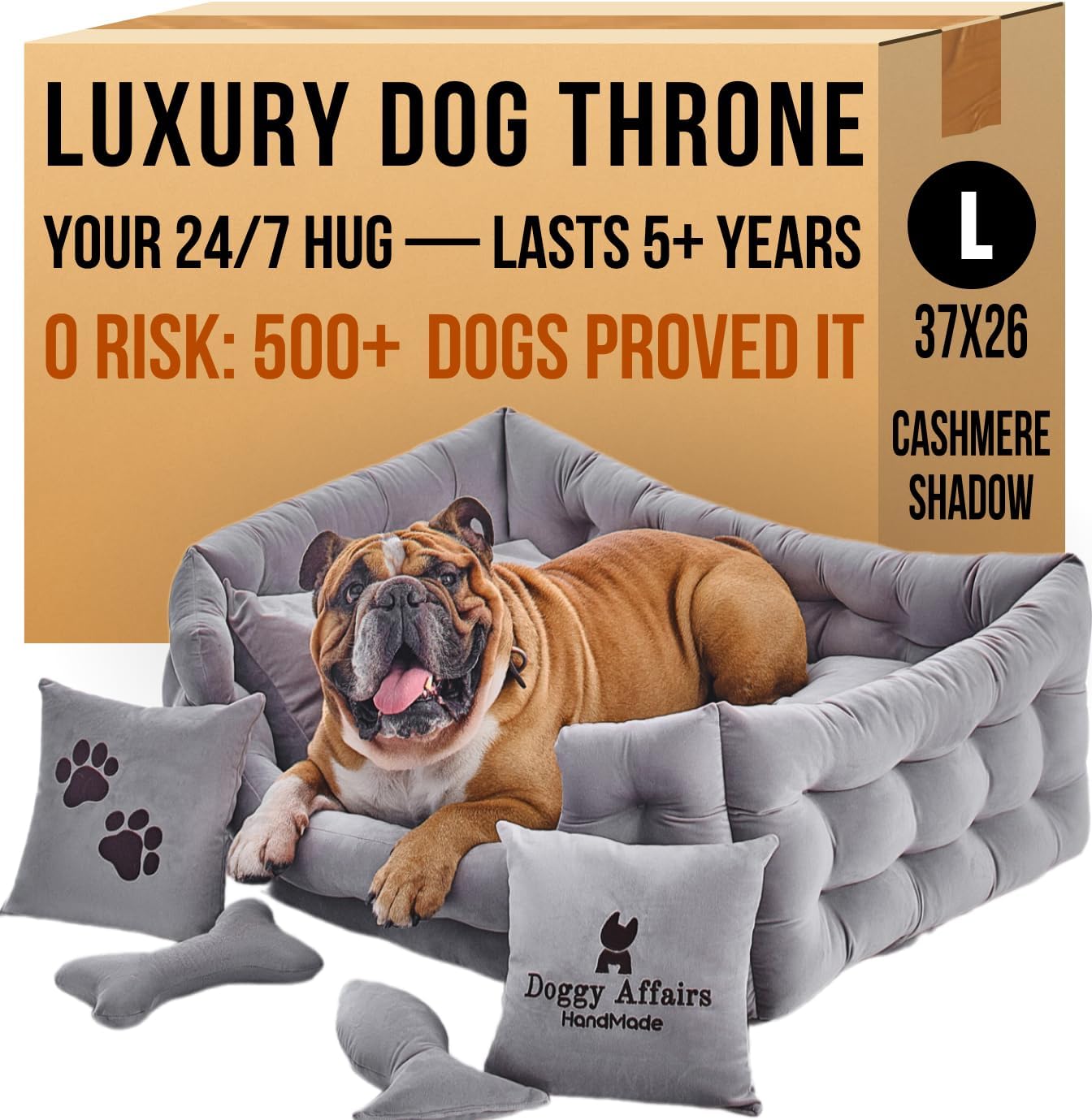 Luxury Dog Bed Chesterfield  Handcrafted Velvet Throne for Dogs | Joint Support, Calming & Temp-Regulating Comfort | Durable 5+ Years, Anti-Claw, Washable 100+ Times  L, Gray