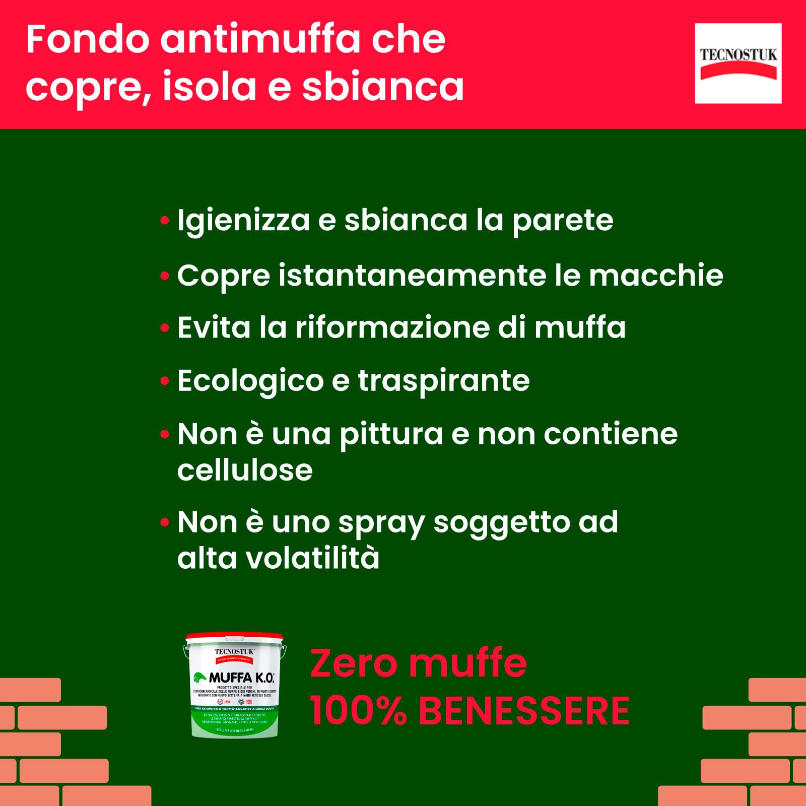 Tecnostuk Muffa KO - Fondo Antimuffa Sbiancante Muri Ecologico e Traspirante 3 lt + Kalorfix Fissativo Isolante Termico per Esterni e Interni Contro Muffa e Batteri 5 lt - Made in Italy