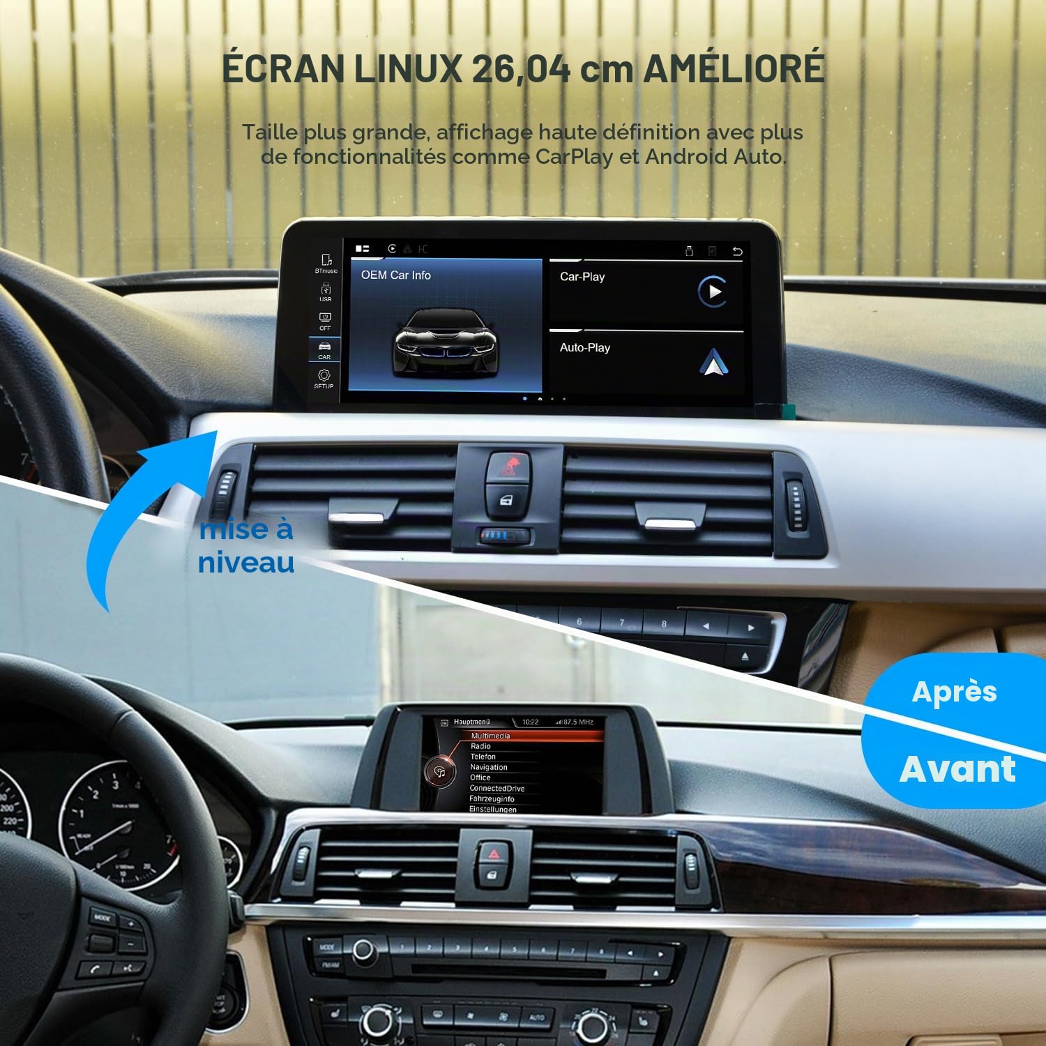 PEMP Écran Linux 10,25 Pouces pour BMW Série 3 F30 2012-2017 système NBT CIC, Compatible CarPlay iOS 26, Android Auto et Mirror Link, fourni avec caméra de recul AHD 720P