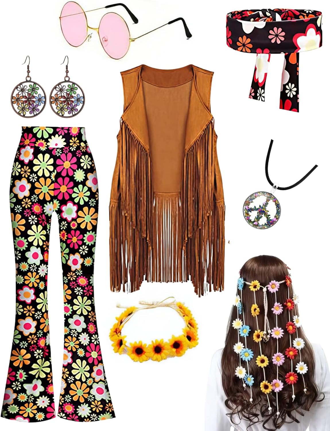 8PCS Hippie Costume Women,60s 70s disco Outfit, Pants, Fringe Vest, Glasses, Floral Crown Headbands, Accessories