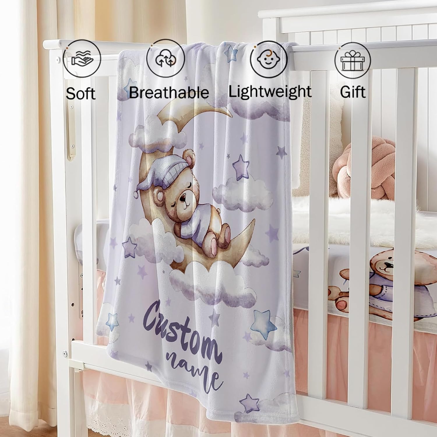 Custom Baby Crib Bedding Set, Personalized Name Moon Bear Design Crib Set 3 Pcs, Soft Double Layer Blanket, Crib Sheet & Room Rug, Ideal Nursery Decor Gift for Baby Girls Boys