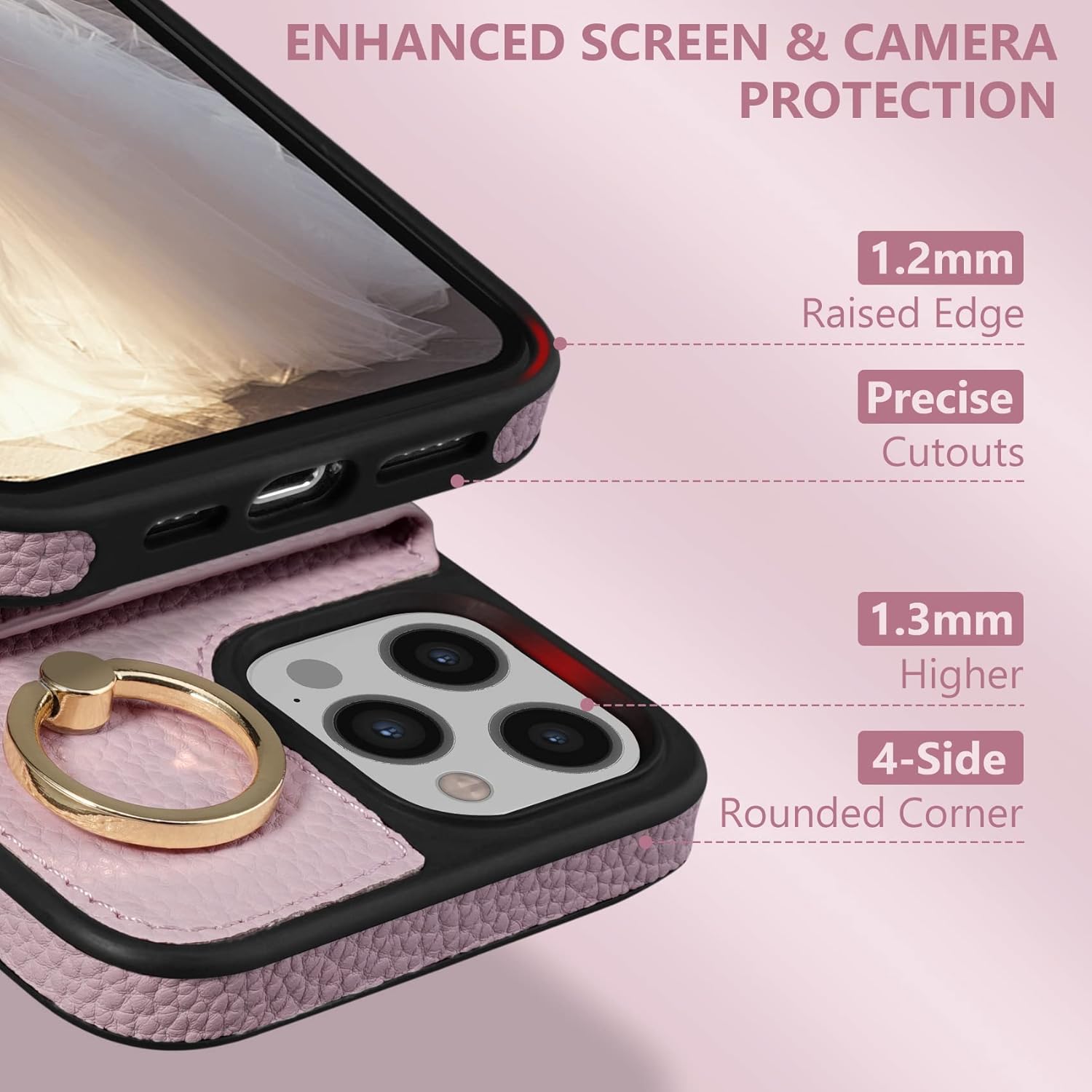 Keallce Wallet Case for iPhone 12 Pro Max 6.7'', Flip Case with Card Slots, Ring Holder Kickstand, PU Leather Protective Folio Cover for Women, Pink