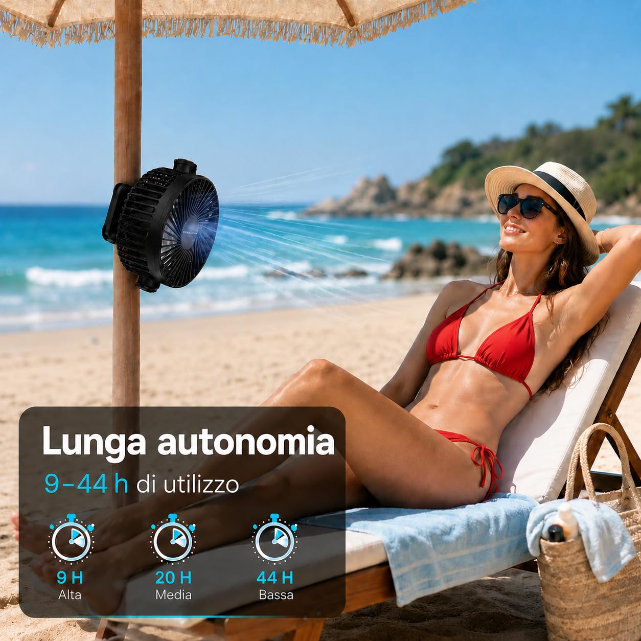 Ventilatore a Clip 15,2 cm, 12000 mAh, Telecomando, LED, Timer | Ventilatore USB ricaricabile con timer e 3 velocità per casa, ufficio, camper e campeggio.