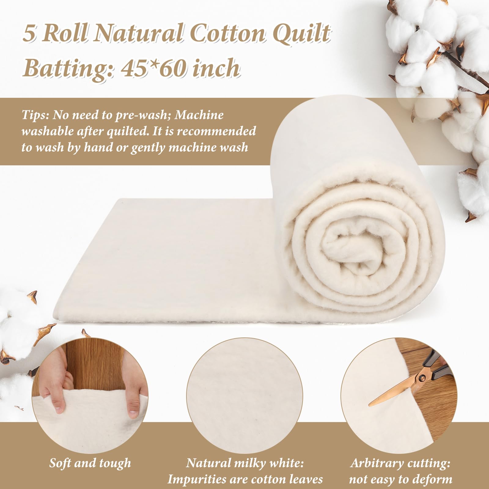 Cosblank 5 Pcs 45 x 60 Inches Cotton Quilt Batting Soft Light Weight Purely Natural Cotton Batting All Season Quilting Batting for Stuffing Blankets Quilts, Craft and Wearable Arts Supplies