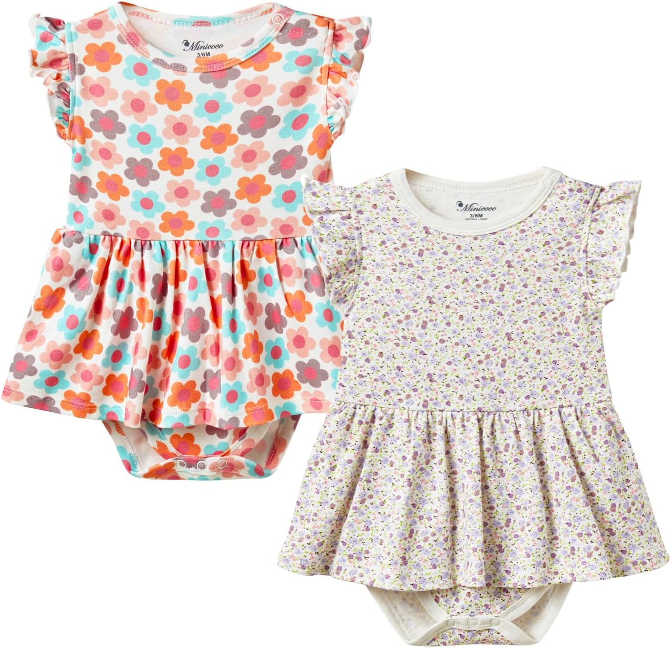 2 Pack Baby Girl Bodysuit Dress Short Ruffle Sleeve Newborn Skirted Romper Infant Summer Outfits for 0-24 Months