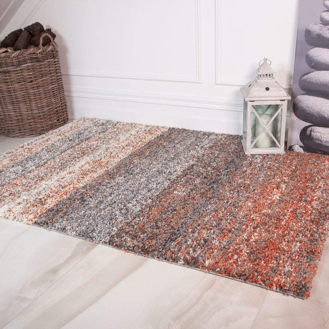Coral Grey Cream Faded Ombre Striped Thick Shaggy Living Room Bedroom Area Rug