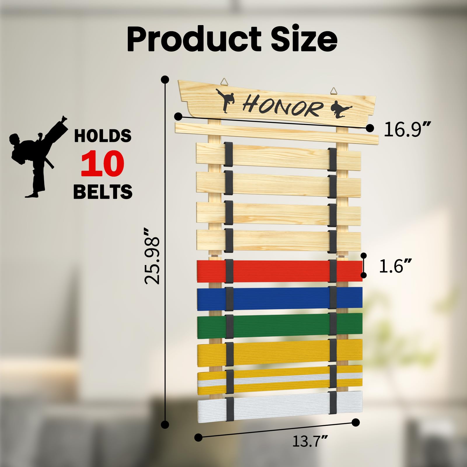 10 Belts Karate Belt Display Rack, Wood Taekwondo Belt Display No Assembly Required, Personalized Martial Arts Belt Display Holder with Stickers, Karate Gifts for Kids and Adults, Natural