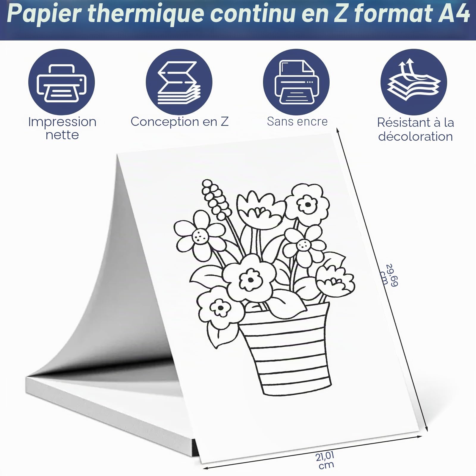 Papier Thermique A4 Pliable 200 Feuilles, Sans BPA, Séchage Rapide, Compatible Imprimantes Thermiques A4 pour Fichiers, Photos, Notes