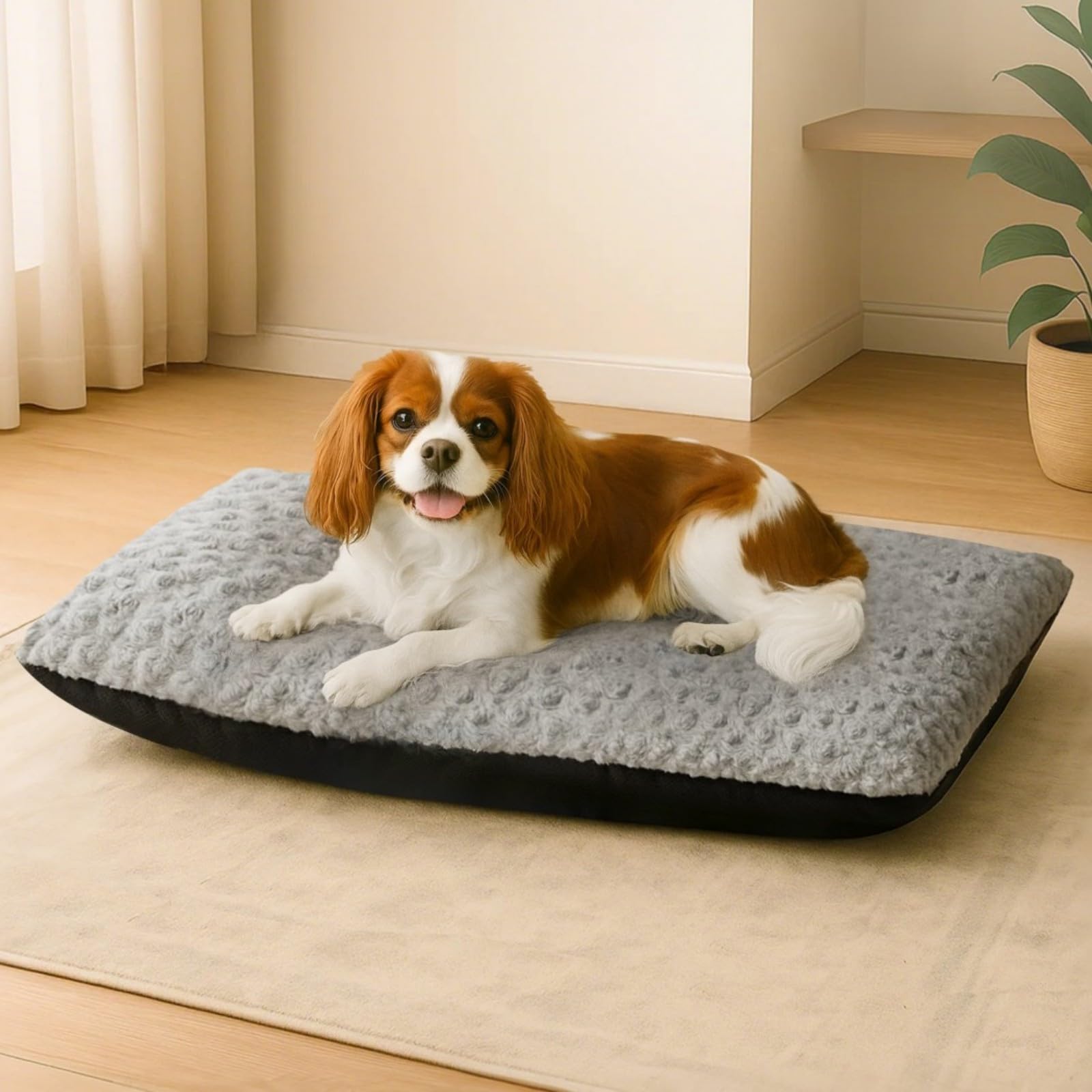 Skylos Medium Calming Dog Bed, 60 x 45 cm Plush Dog Cushion, Washable Anti Anxiety Dog Beds Crate Mattress with Anti-Slip Bottom, Pet Pillow Cushion