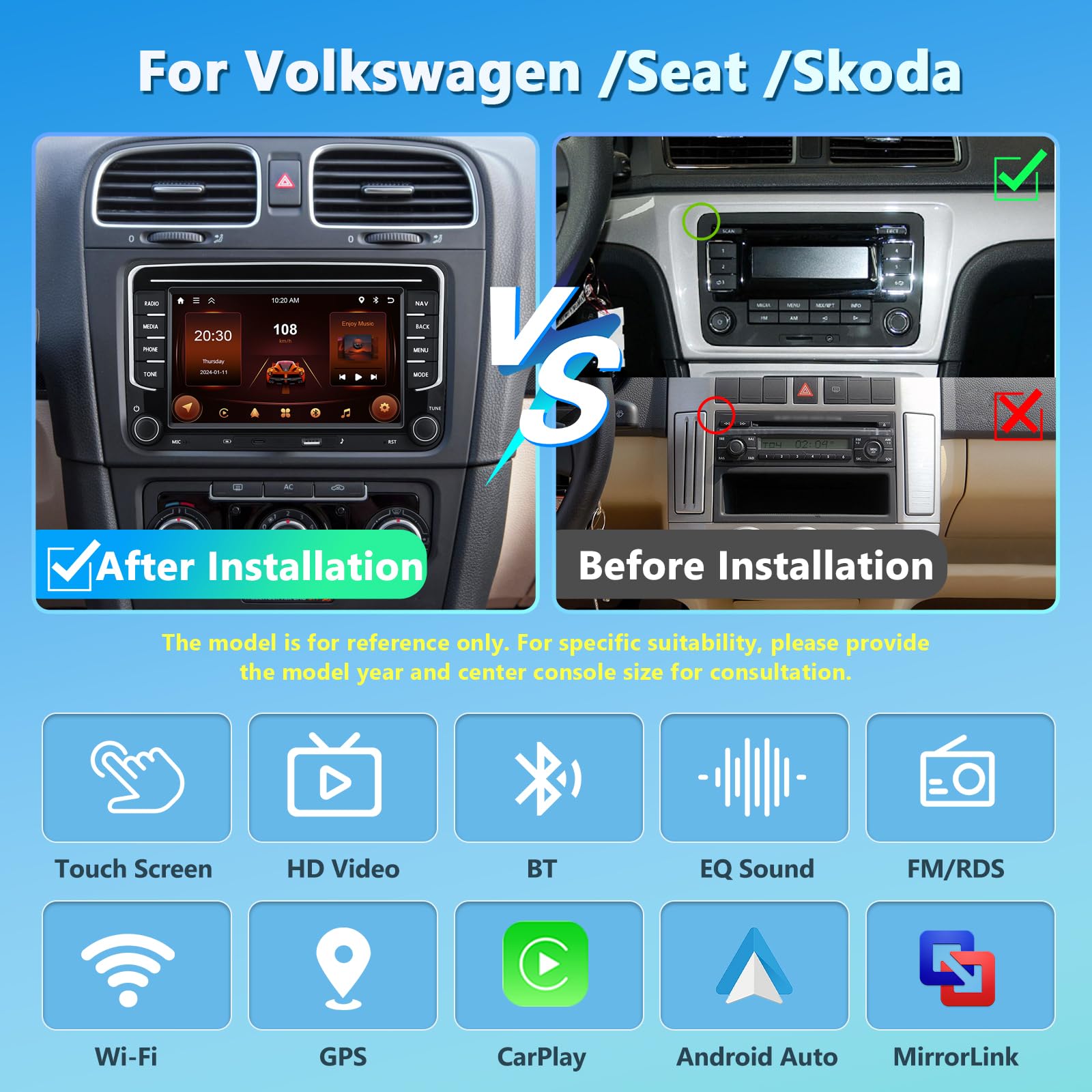 CarPlay Radio Coche para VW/Seat/Skoda con Inalámbrico Android Auto, 7" [2+64G] Bluetooth Android Pantalla Táctil con Bluetooth/EQ/GPS/WiFi/HiFi/FM/RDS/SWC/Siri+Mic+Canbus+Cámara Trasera