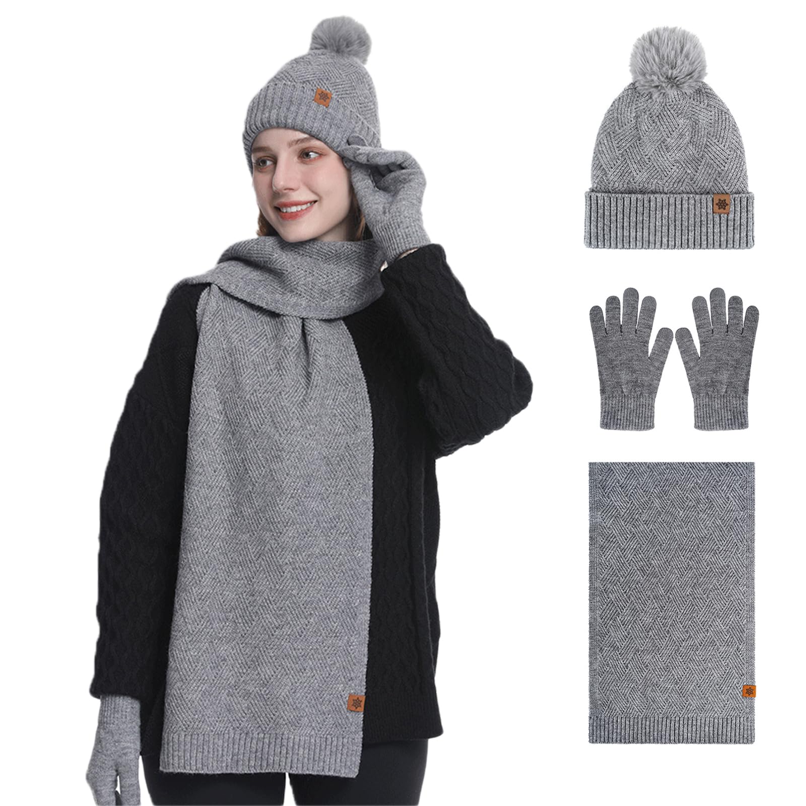 MAZELIKEHOOD Set Sciarpa Cappello Guanti Donna Inverno Caldo Cappello di Bobble con Sciarpa a Maglia e Guanti Tessuto Morbido e Comodo Accessori Moda Invernale Ideale per Regalo di Natale