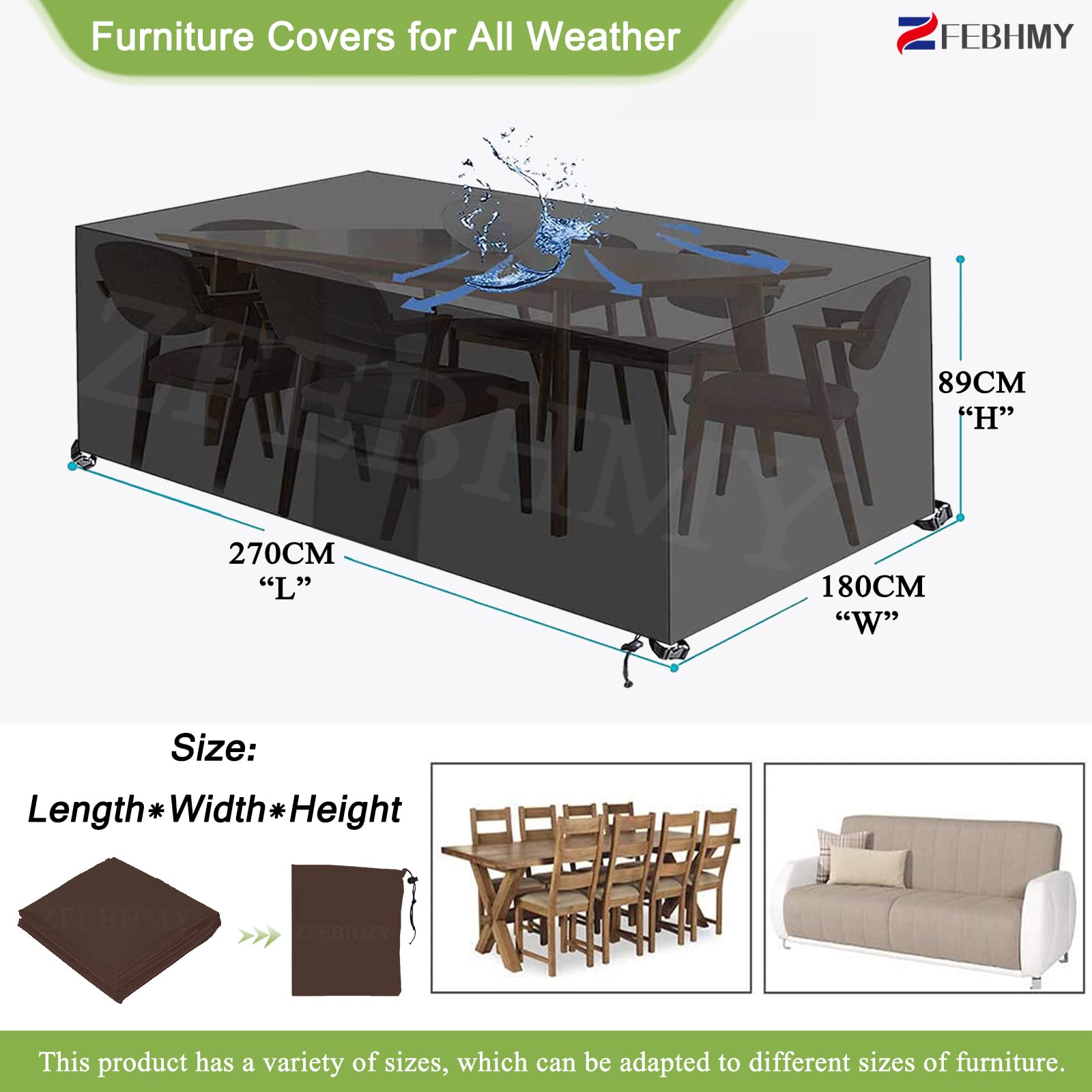 Copertura per Mobili da Giardino Tessuto 420D Oxford Rettangolare Copertura Tavolo Giardino Esterno Impermeabile,UV per Tavoli Sedie Copertura da Protezione-Brown|| 180x120x120cm(LxWxH)