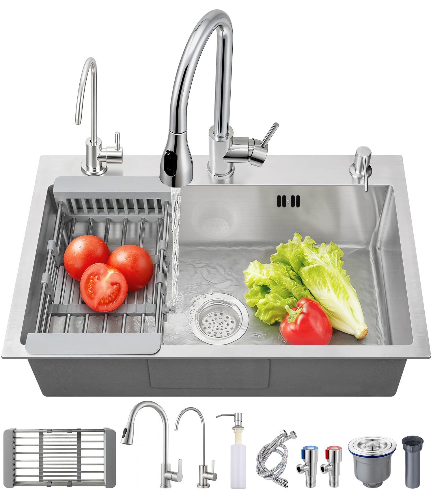 Ribanedy Silver Multifunctional Single Bowl Stainless Steel Kitchen Sink with Pull-Out Faucet, Soap Dispenser, Water Purification Faucet & Accessories Set (50 X 45 cm)