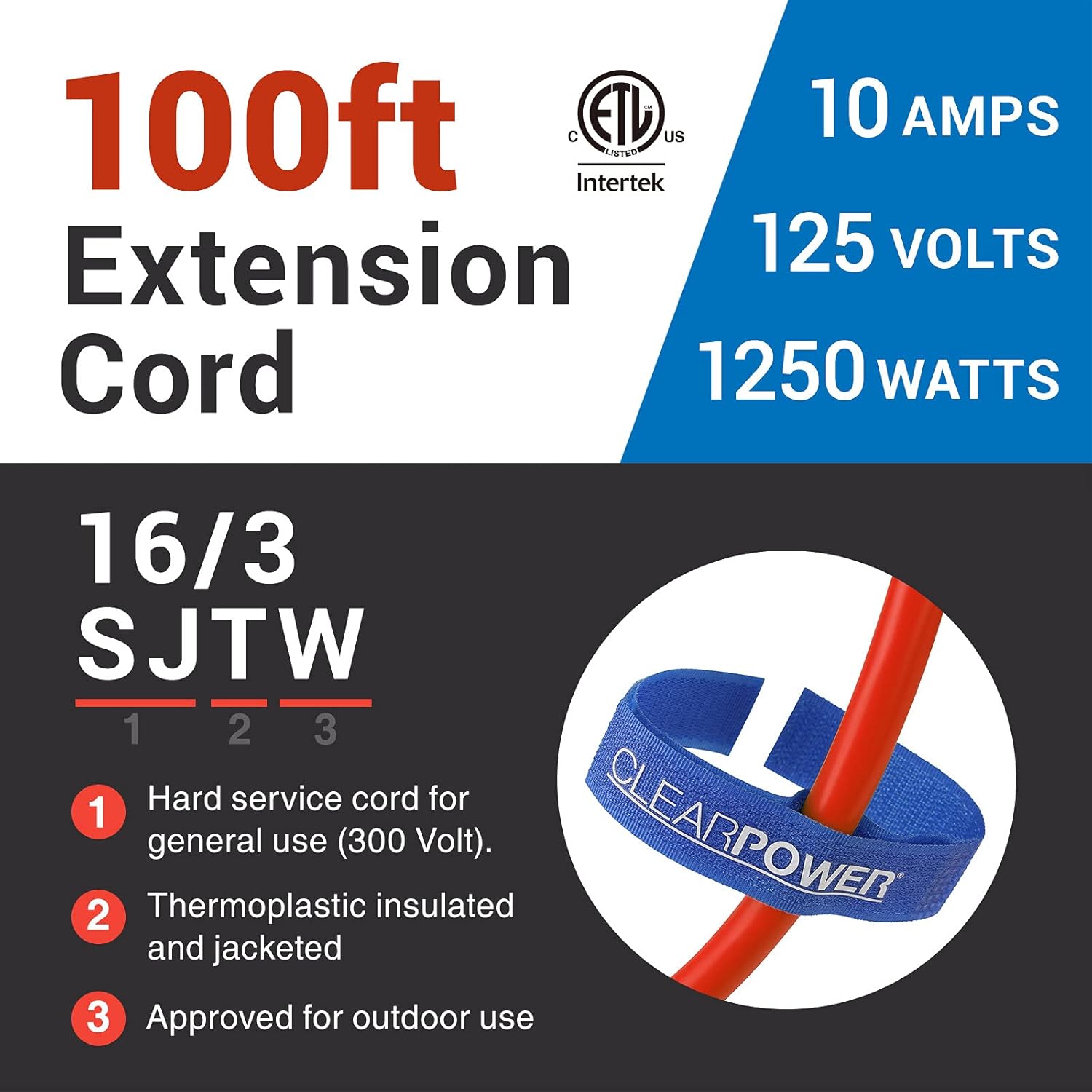 Clear Power 100 ft Outdoor Extension Cord 16/3 SJTW, 3-Prong Grounded Plug, Orange, Water & Weather Resistant, Flame Retardant, General Purpose Power Cord for Lawn & Garden, DCOC-0118-DC - - 