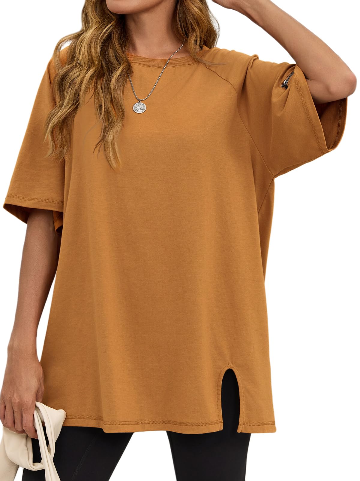 Tankaneo Camisetas de entrenamiento de gran tamaño para mujer, dobladillo dividido, raglán, manga corta, para verano, casual, holgada