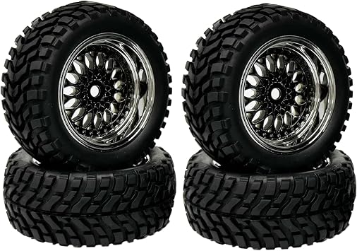 4PCS 75mm Rubber Tyre 1.9 inch Plating Plastic Wheel Rims Tires 12mm Hex for 1/14 1/16 Off Road Buggy Truck 1/10 RC On Road Racing Car for HSP HPI SCX10 TRX4 TamiyaBlack Silver,Offset6mm