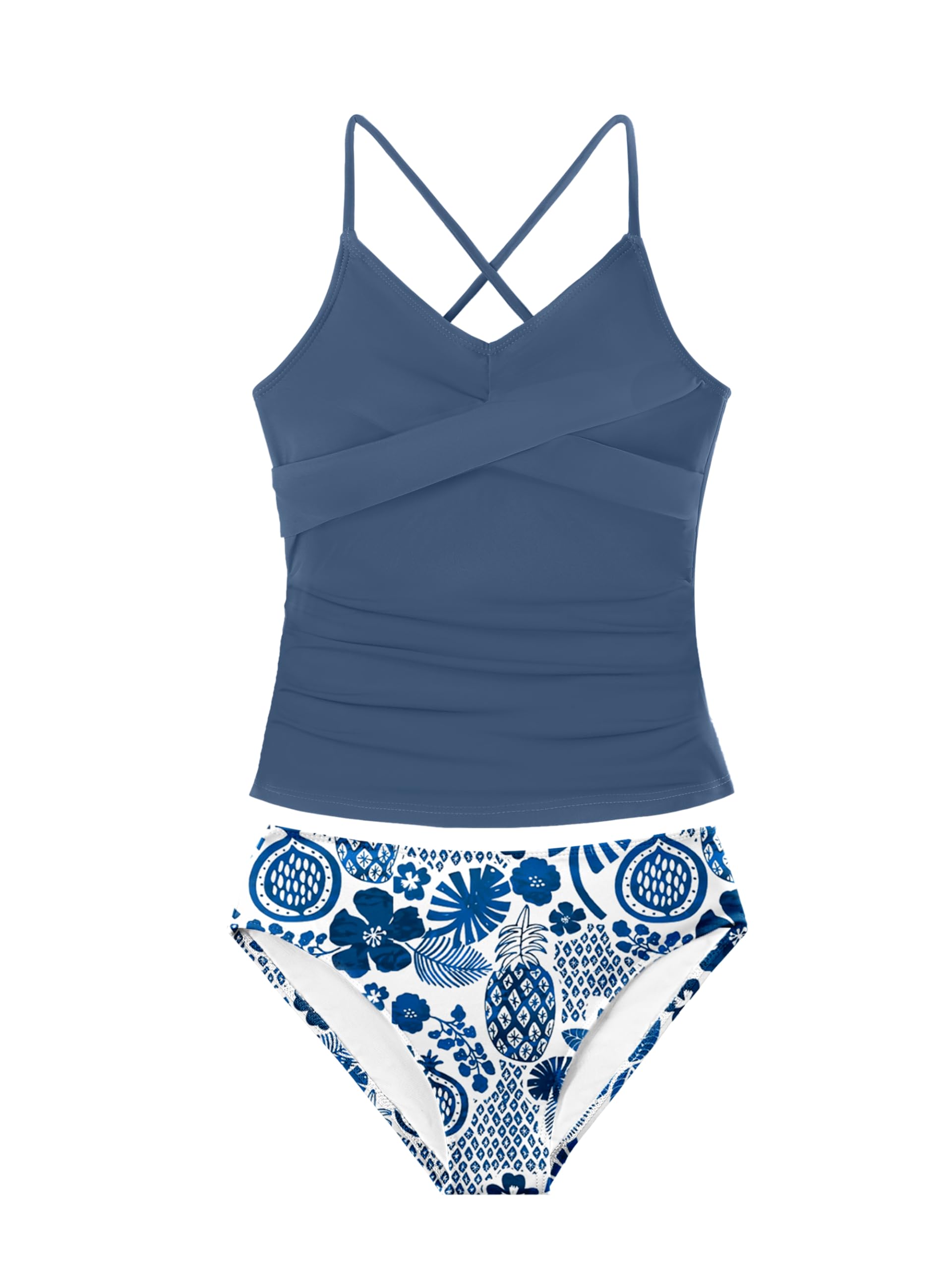 Girls Swimsuit Tankini Criss Cross Ruched 2 Piece Bathing Suit Printed Girl Swimwear for Teens 9-16Y