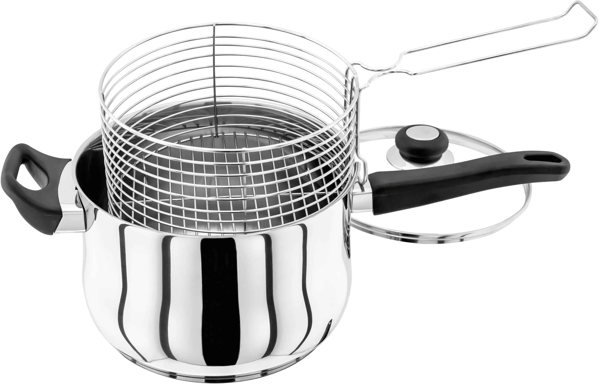 Vista Stainless Steel Chip Pan Fryer with Basket and Helper Handle 22cm, Shatterproof Vented Glass Lid, Induction Ready, Oven Safe