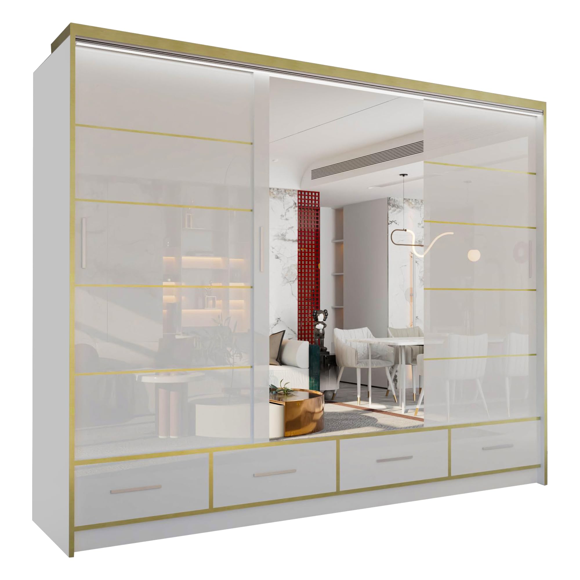 MN Furniture Sudenia High Gloss 2 & 3 Sliding Doors Wardrobe with Mirror, Drawers Cabinet with Storage Cabinets Hanging Rails Art Decor Closet in White, Black and Grey (White, 253cm)