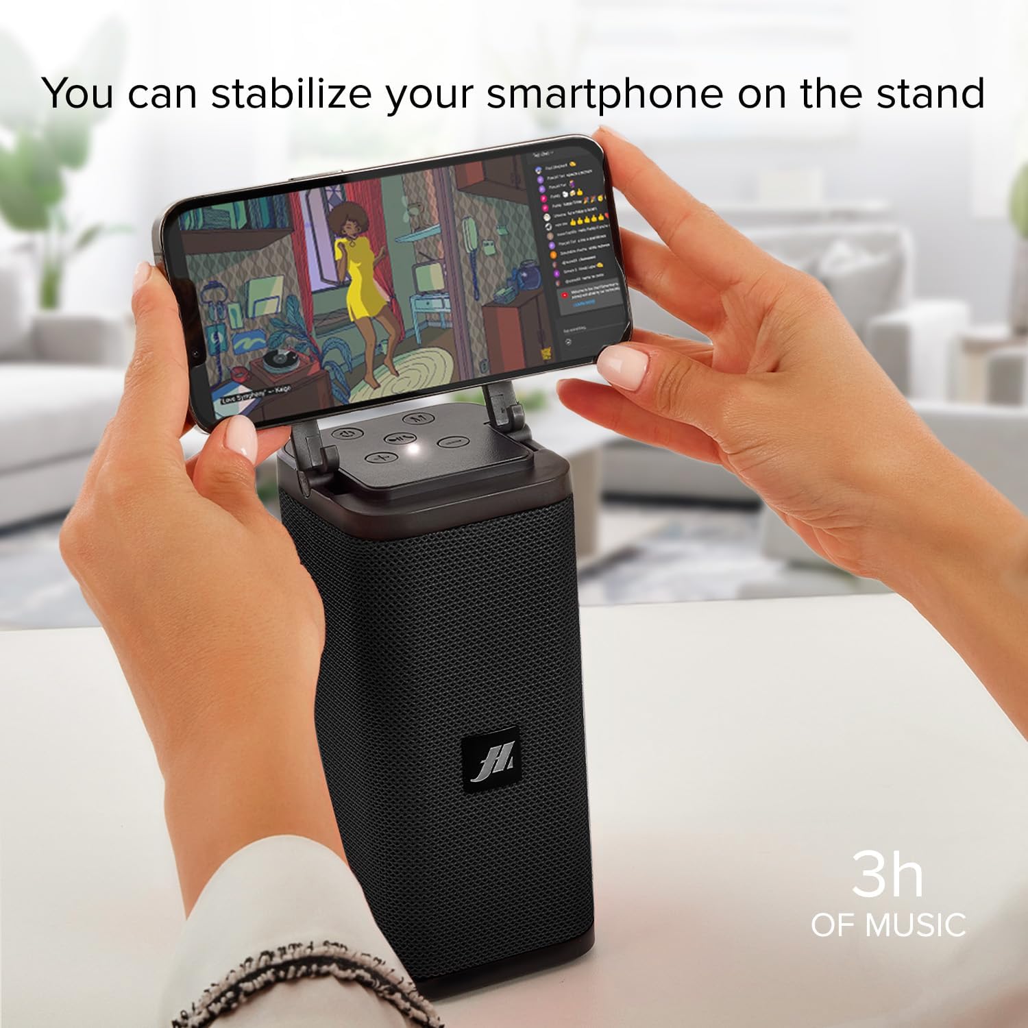 MUSIC HERO SBS Band 6W Wireless Speaker with a smartphone placed horizontally on its integrated stand.