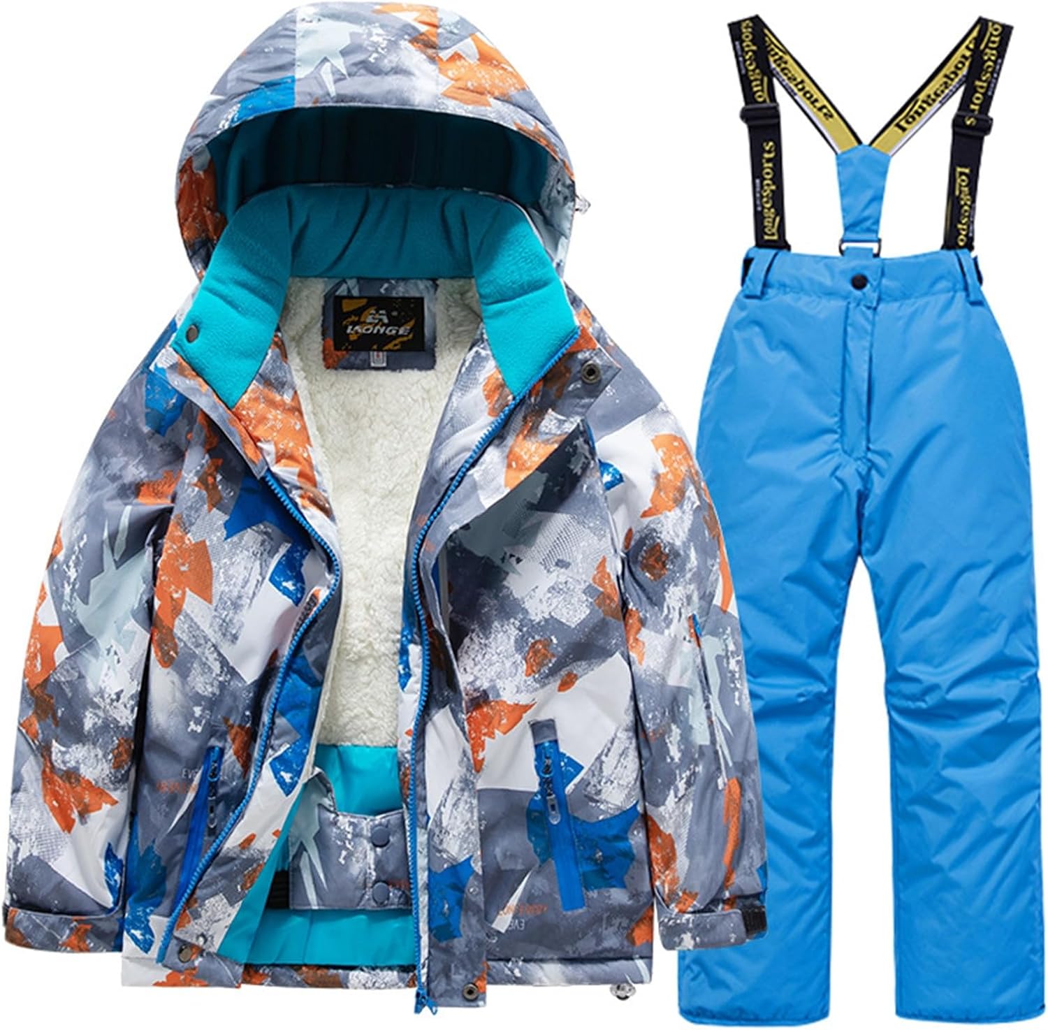 Kids Camo Ski Jacket and Snowbib Waterproof Fleece-Lined 2 Piece Sets for Boys Girls Skiing & Snowboarding