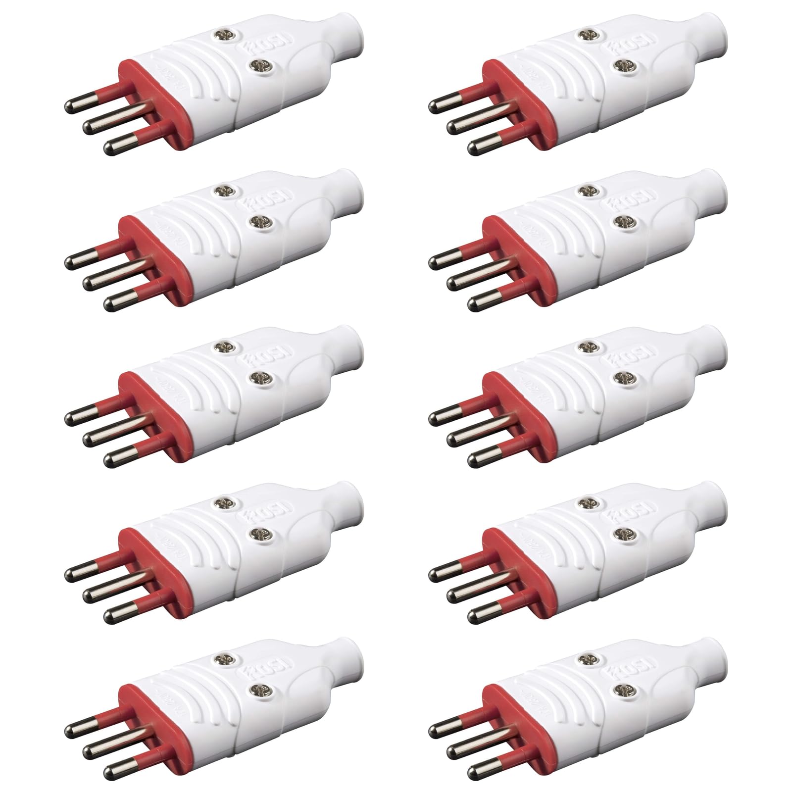 10 wtyczek 16 A, 220 V, 230 V, wygięte pod kątem 90°, 2P+T, duża wtyczka włoska, standard włoski, biały, profesjonalny model, guma zapobiegająca zgniataniu, idealna do kabli zasilających i