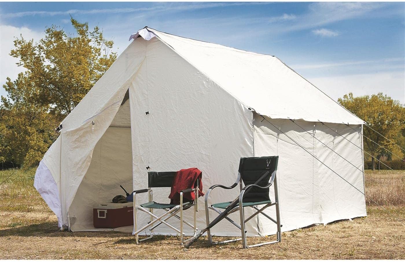Guide Gear 10x12' Canvas Wall Tent and Frame for Hunting, Outdoor Camping, 4 Season All Weather Tents with Stove Jack Opening