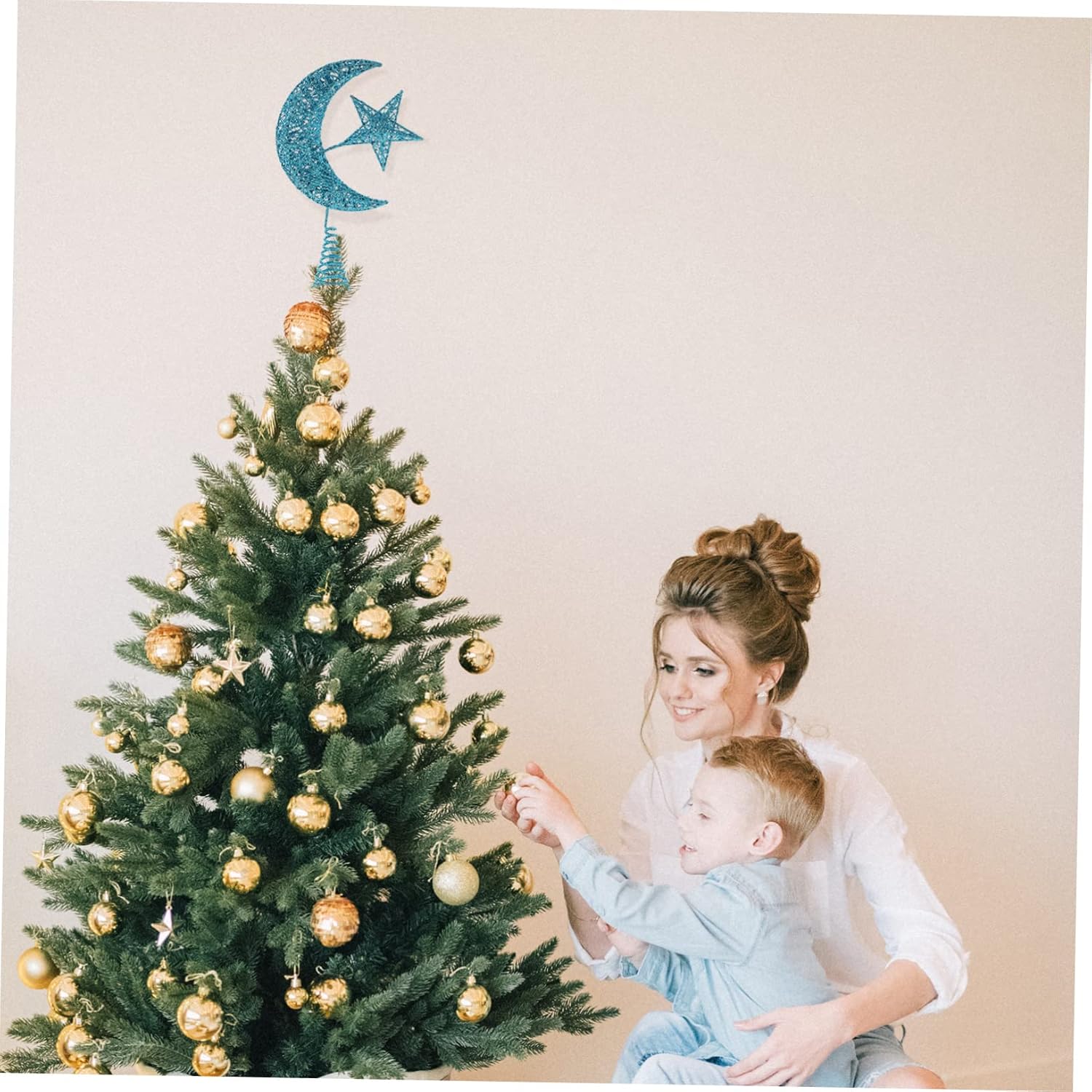 3D Metal Blue Star and Moon Xmas Topper Iron Art Holiday Festival Decoration for Christmas Tree