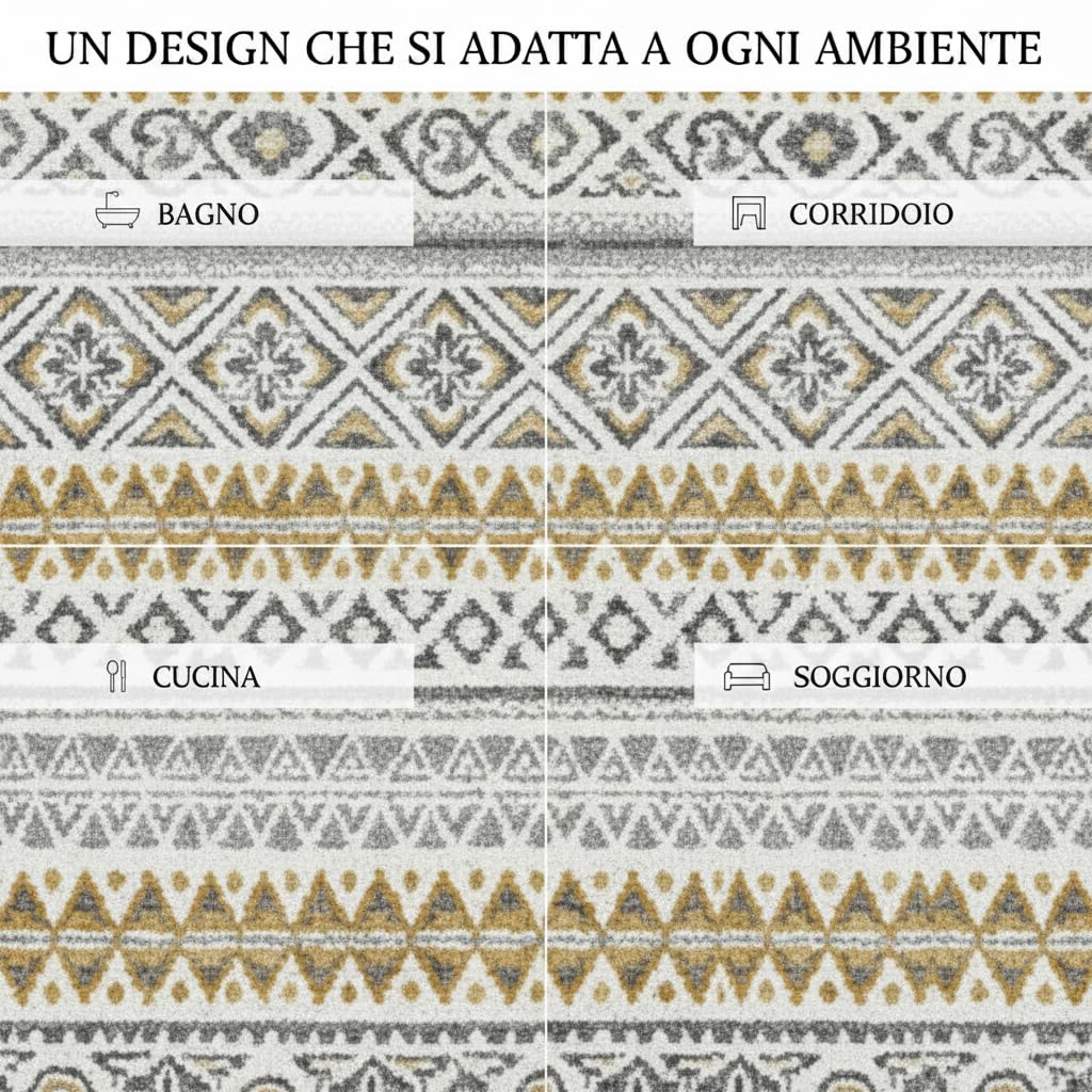 Fashion4Home Tappeto a pelo corto, boho Kelim, per soggiorno, camera da letto e cucina, per corridoio, cameretta dei bambini, in ceramica, grigio chiaro, oro, 160 x 230 cm