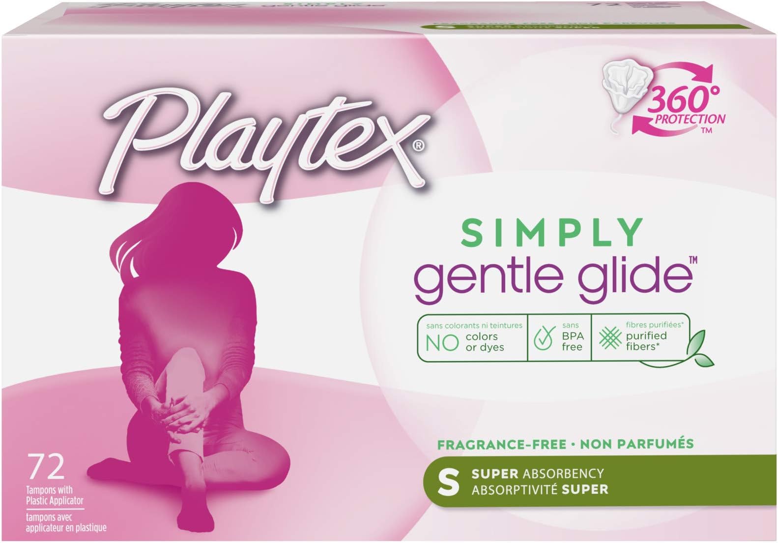Playtex Gentle Glide Unscented Tampons with 360ยฐ Protection, Super Absorbency, 72 Count